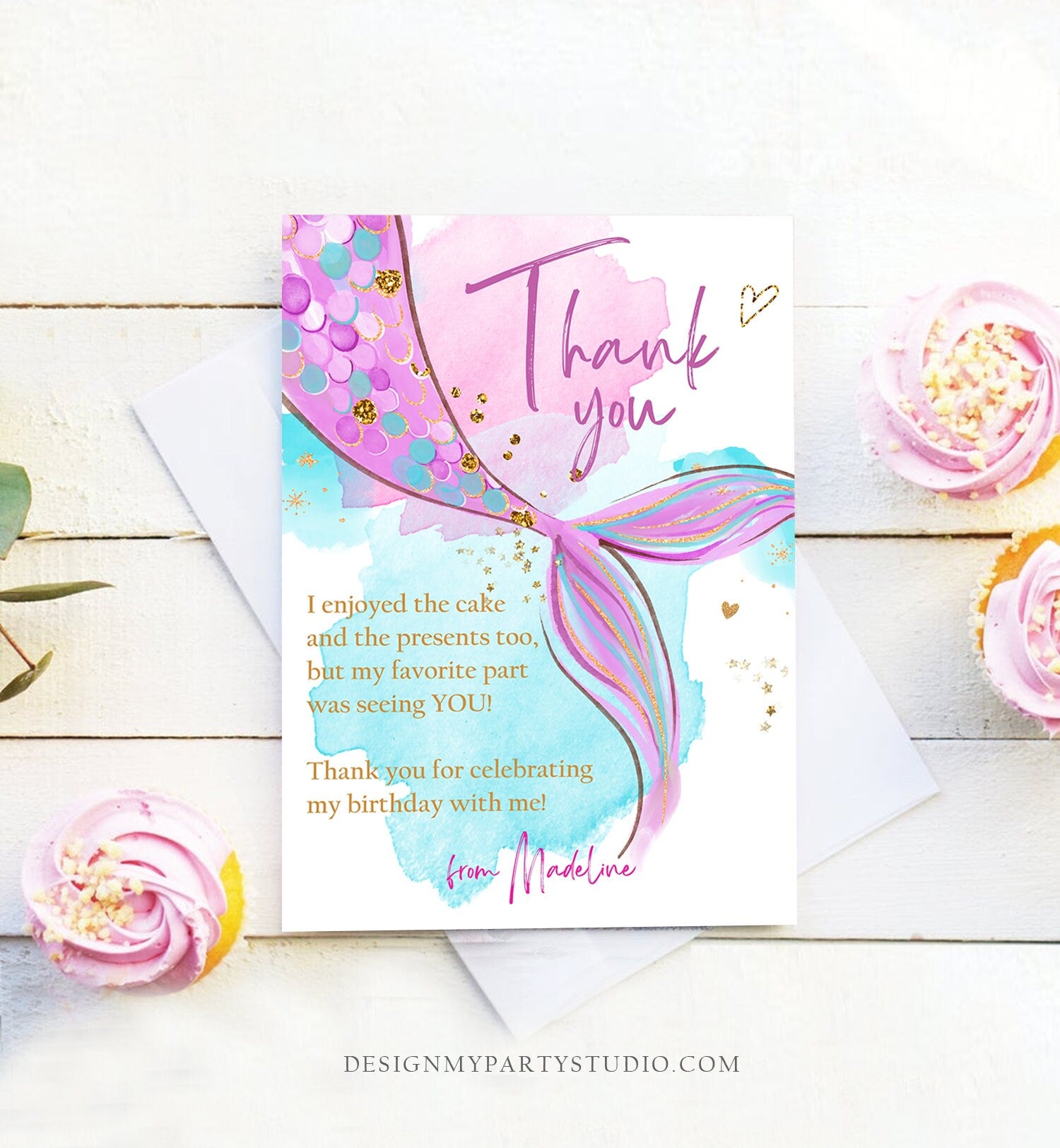 Editable Mermaid Thank You Card Girl Mermaid Birthday Party Thank You Note Purple Gold Under The Sea Printable Template Corjl Digital 0403
