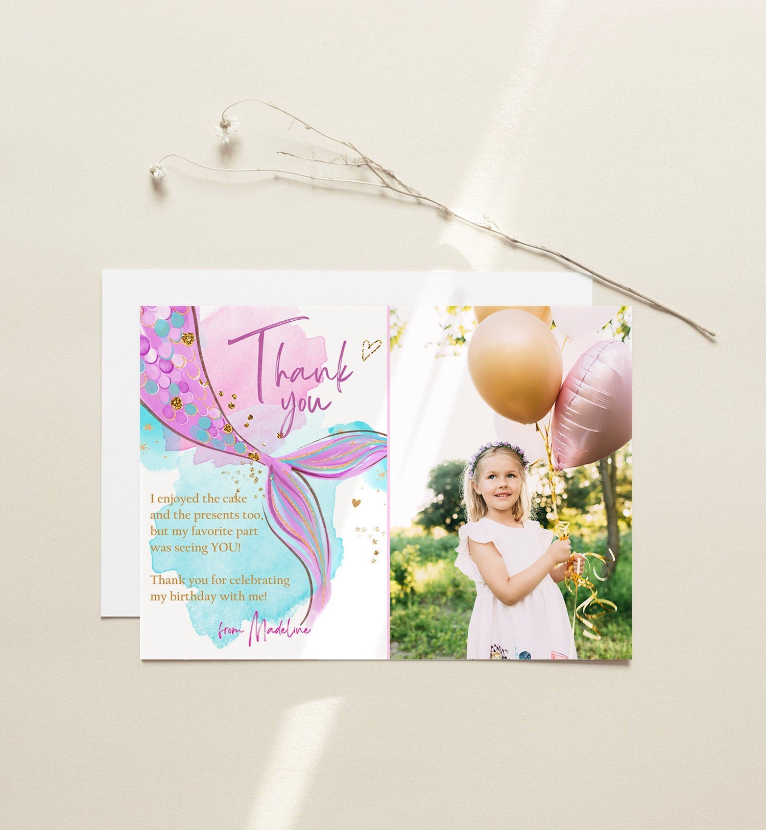 Editable Mermaid Thank You Card Girl Under the Sea Birthday Party Thank You Note Purple Gold Digital Download Template Printable 0403