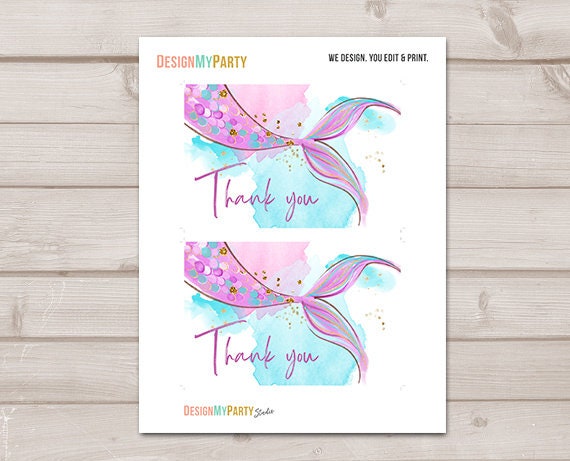 Mermaid Thank You Card Girl Mermaid Birthday Party Thank You Note Purple Gold Under The Sea Instant Digital Download Printable 0403