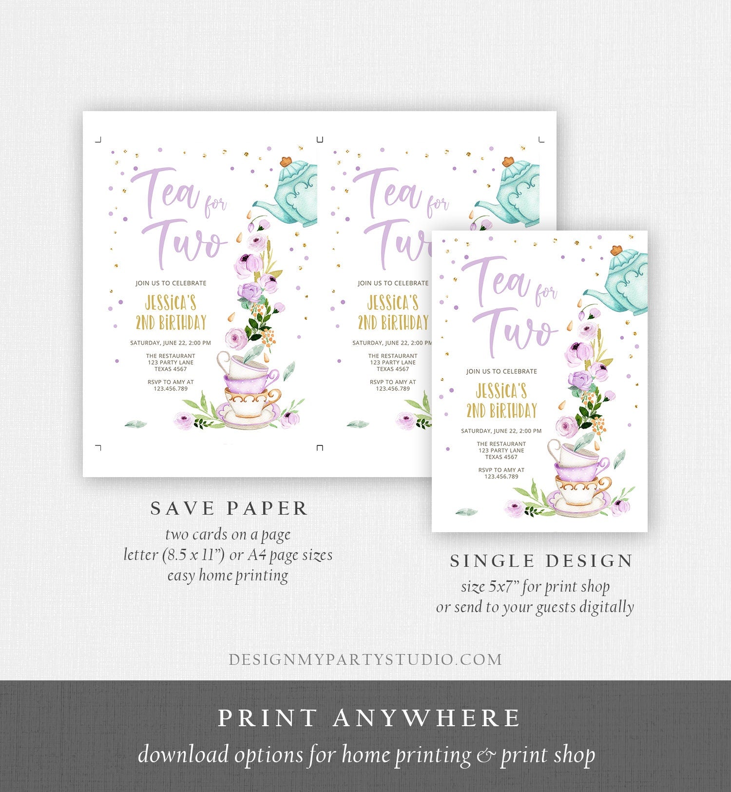 Editable Tea for Two Birthday Invitation Girl Tea Party Invite Pink Purple Floral Whimsical Digital Download Evite Template Printable 0349