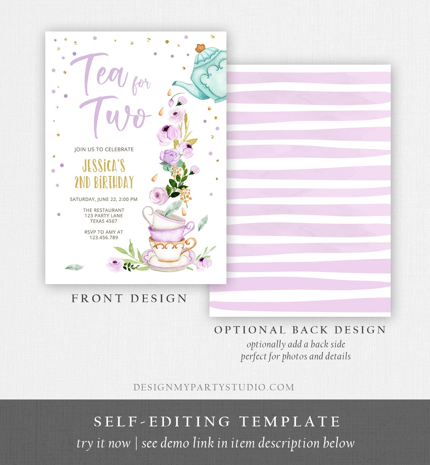 Editable Tea for Two Birthday Invitation Girl Tea Party Invite Pink Purple Floral Whimsical Digital Download Evite Template Printable 0349