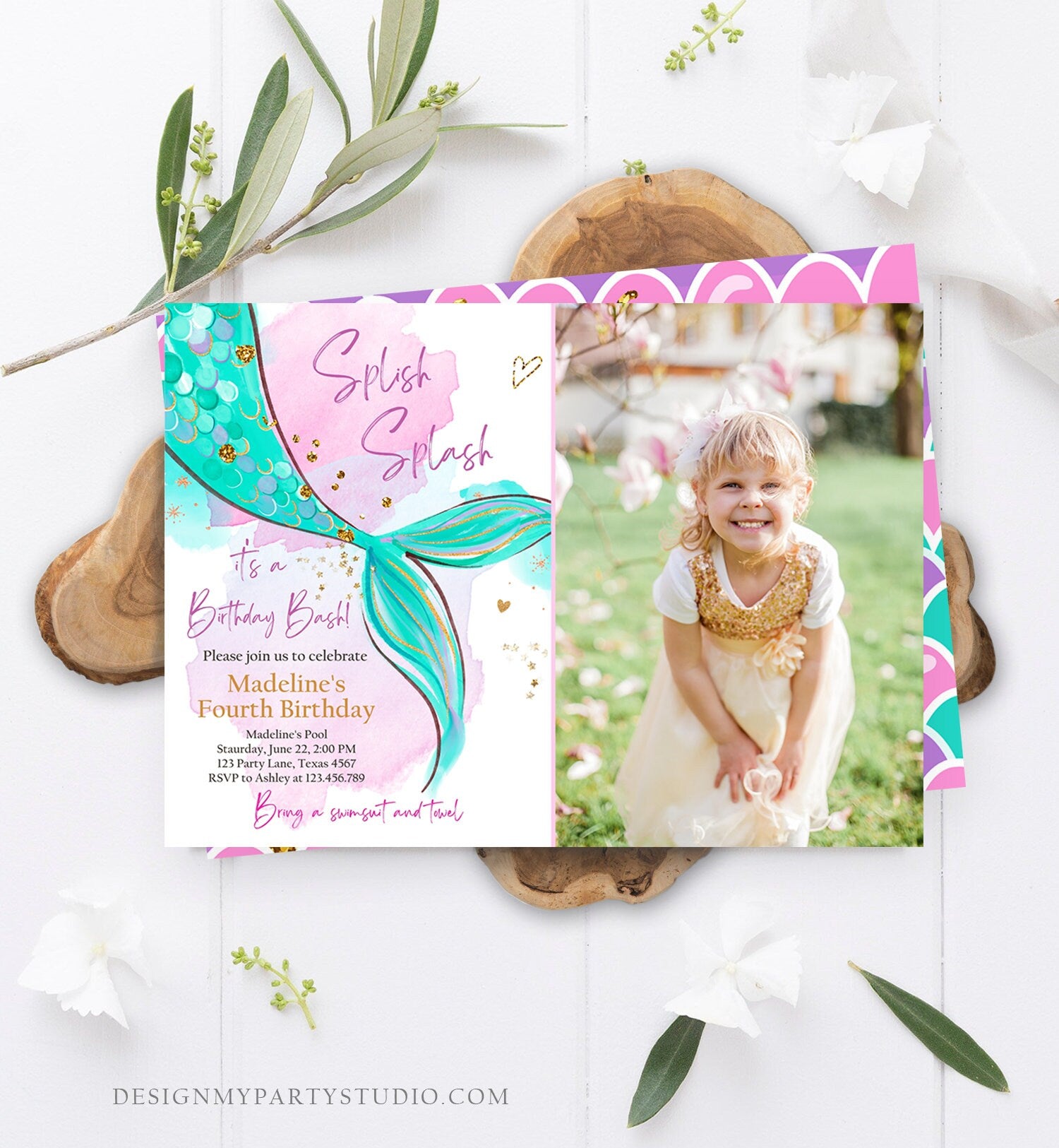 Editable Mermaid Birthday Party Invitation Girl Pink Teal Gold Mermaid Birthday Under The Sea Download Printable Template Corjl 0403