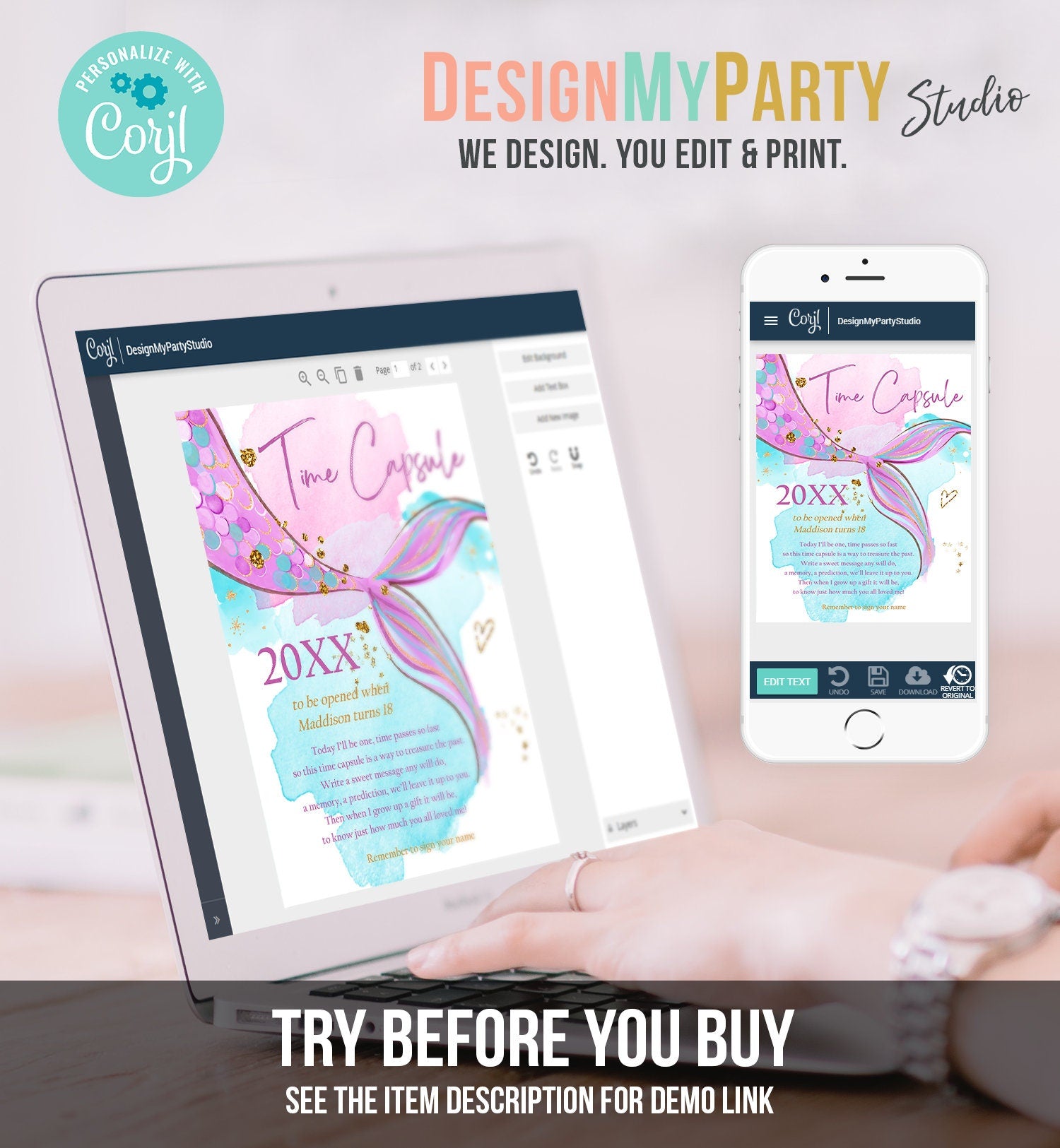 Editable Mermaid Time Capsule First Birthday Party Watercolor Mermaid Tail Pink Gold Purple Guestbook Digital Template Printable 0403