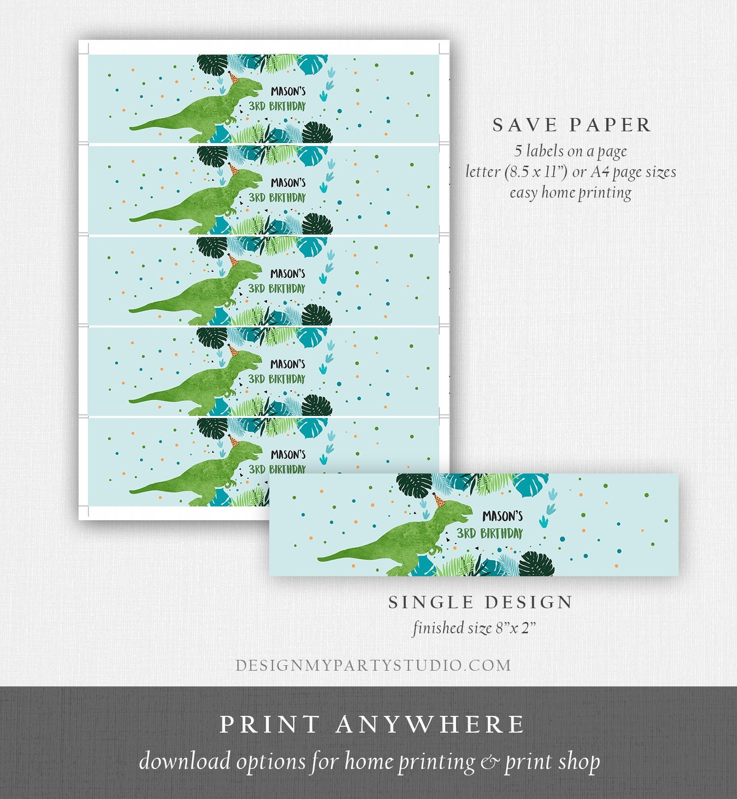 Editable Dinosaur Water Bottle Labels Dinosaur Birthday T-Rex Dino Birthday Decor Green Blue Prehistoric Dino Printable Template Corjl 0389