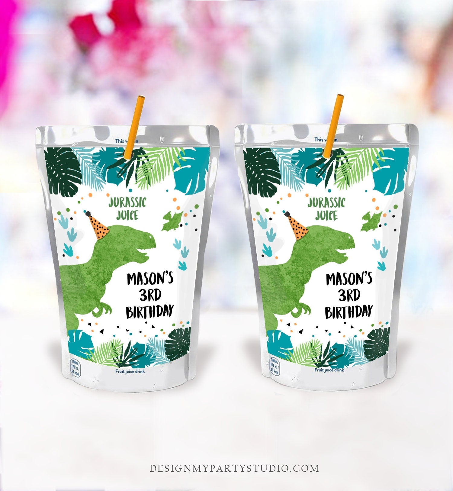 Editable Dinosaur Juice Pouch Labels Dinosaur Birthday Dino Boy Birthday T-Rex Green Prehistoric Download Digital Template Printable 0389