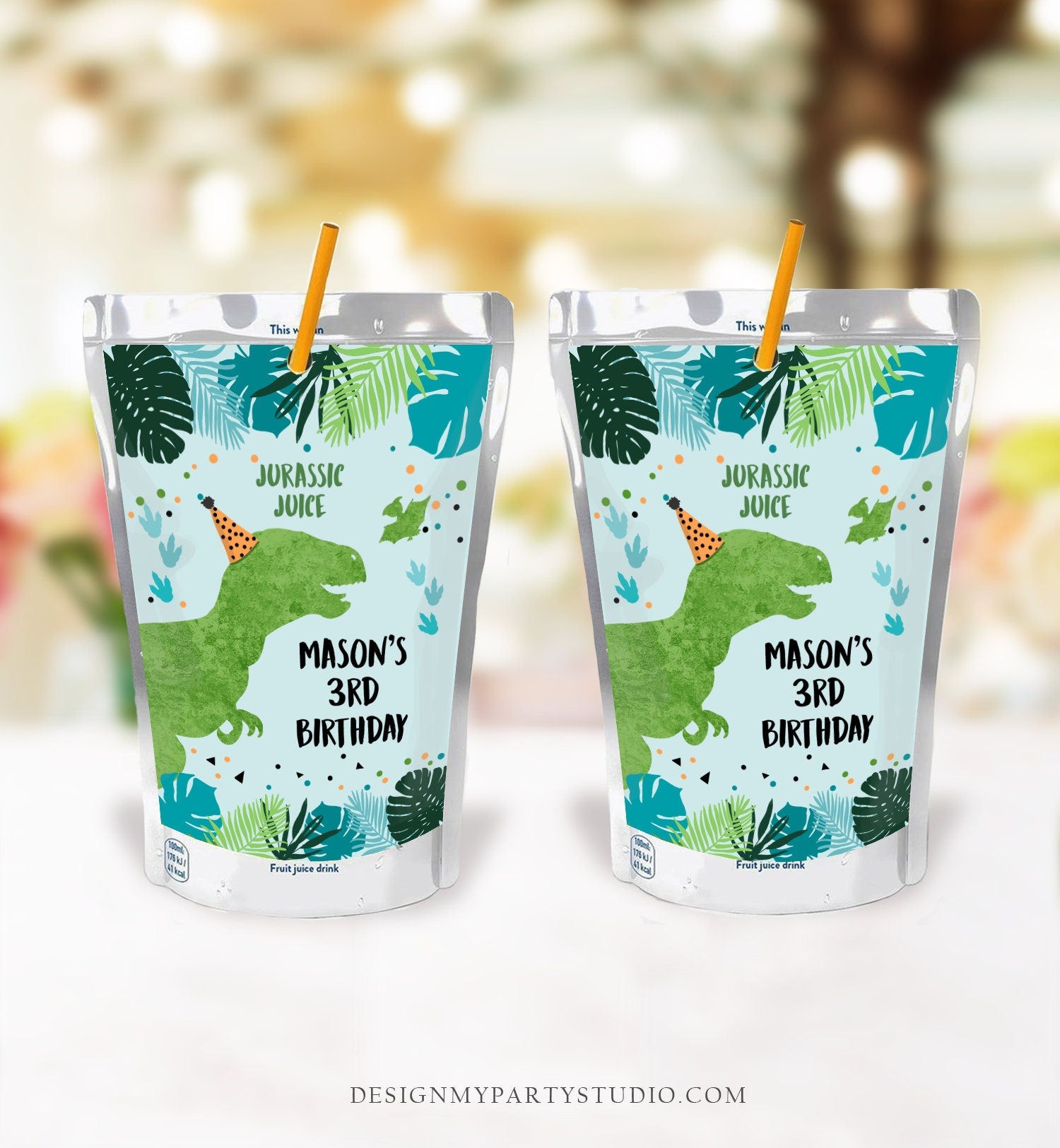 Editable Dinosaur Birthday Juice Pouch Labels Dino Dig Boy Birthday T-Rex Green Blue Prehistoric Digital Download Template Printable 0389