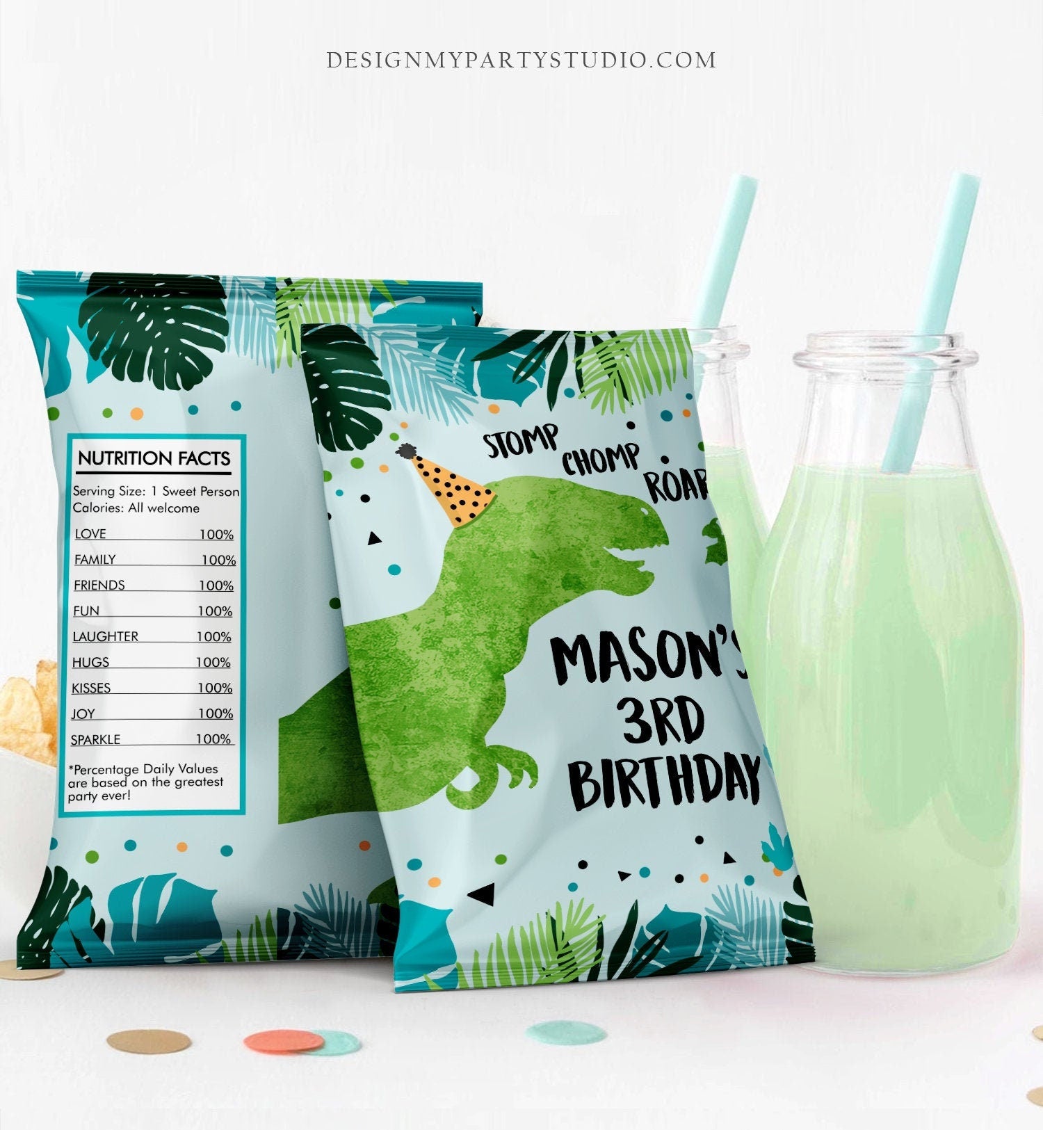 Editable Dinosaur Chip Bag Dino T-Rex Party Decor Boy Dino Birthday Party Snack Favors Potatoes Green Digital Template Printable 0389