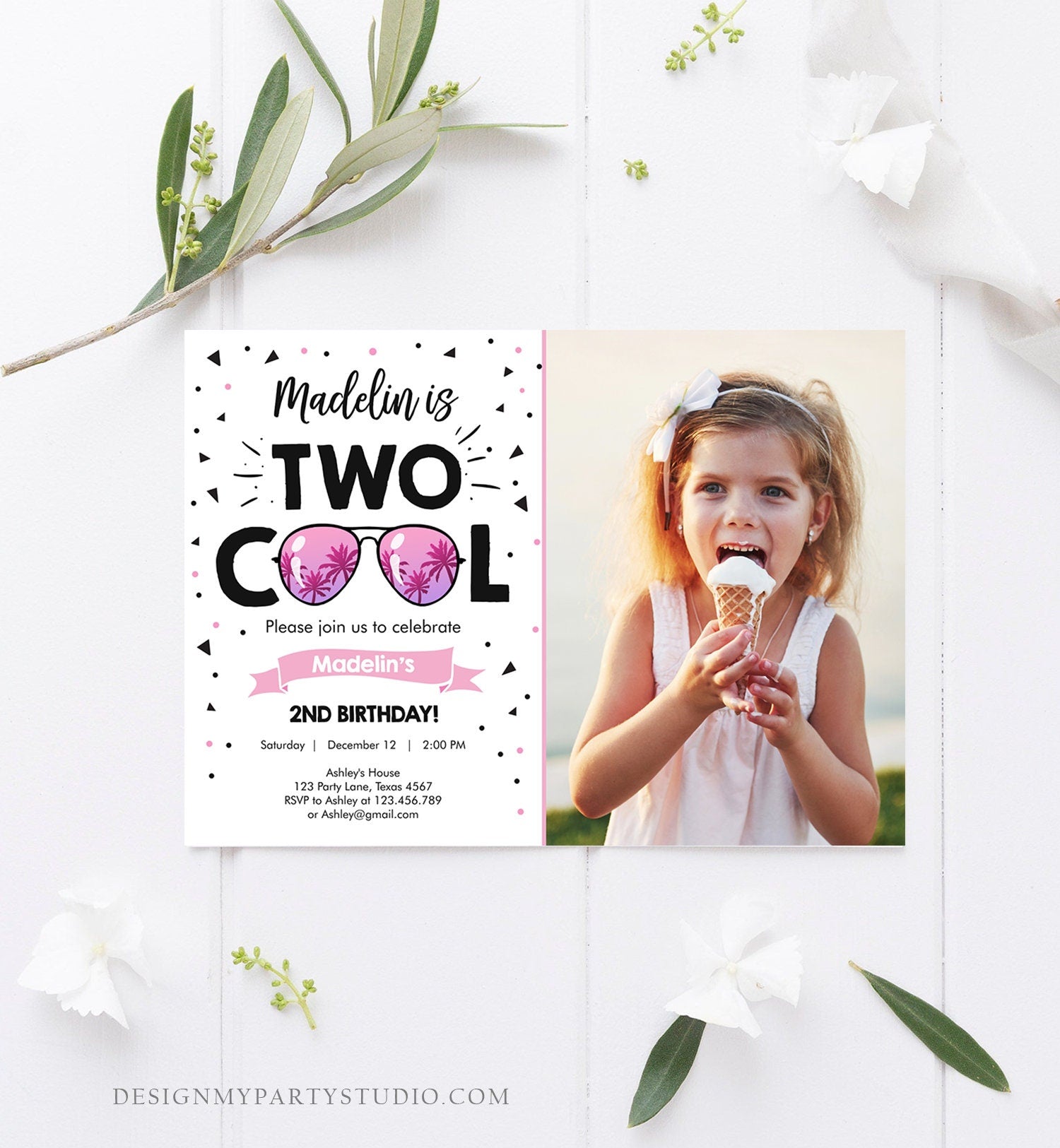 Editable Two Cool Birthday Invitation Girl Second Birthday Party 2nd I'm this Many I'm Two Cool Sunglasses Printable Corjl Template 0136