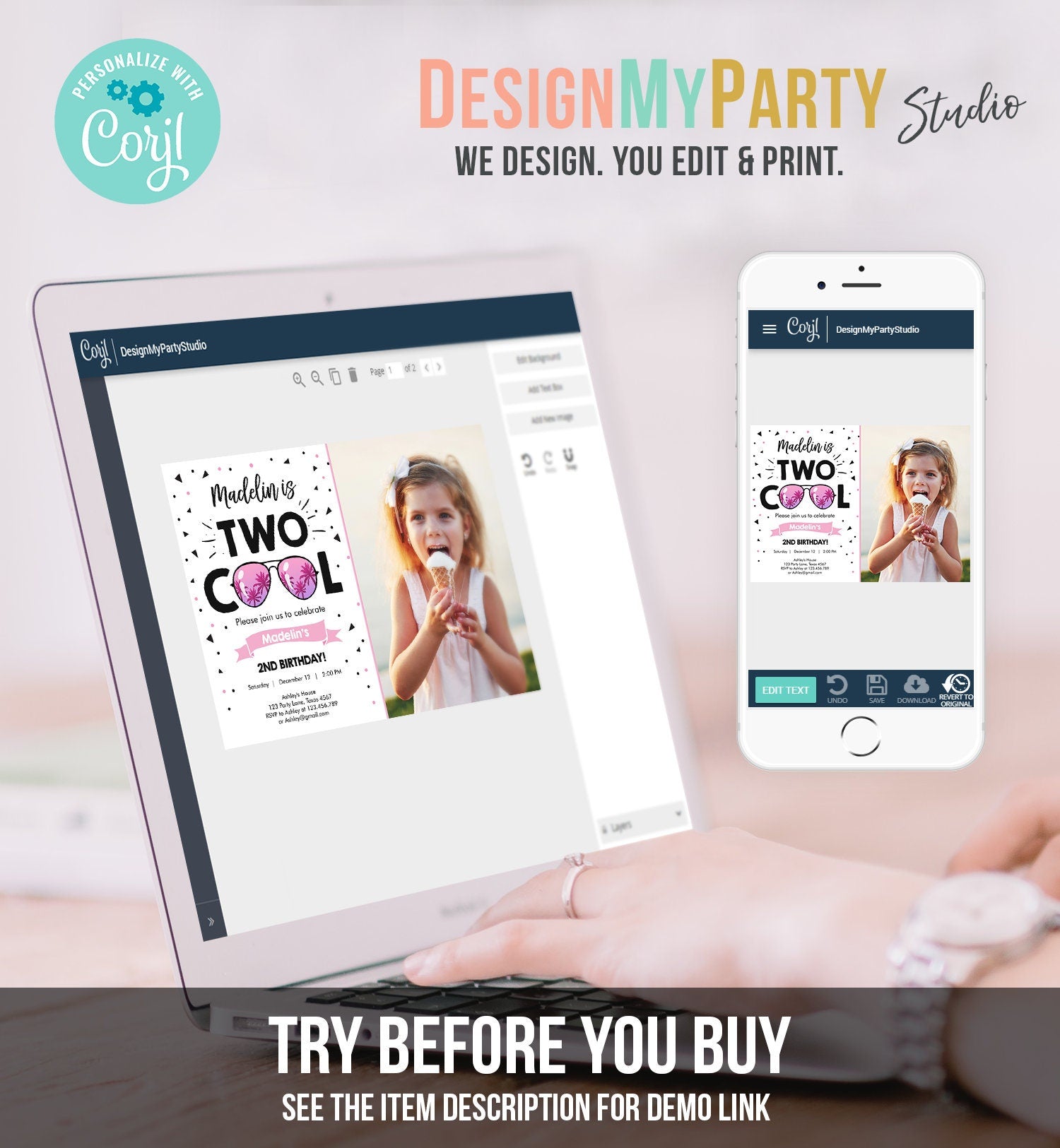 Editable Two Cool Birthday Invitation Girl Second Birthday Party 2nd I'm this Many I'm Two Cool Sunglasses Printable Corjl Template 0136