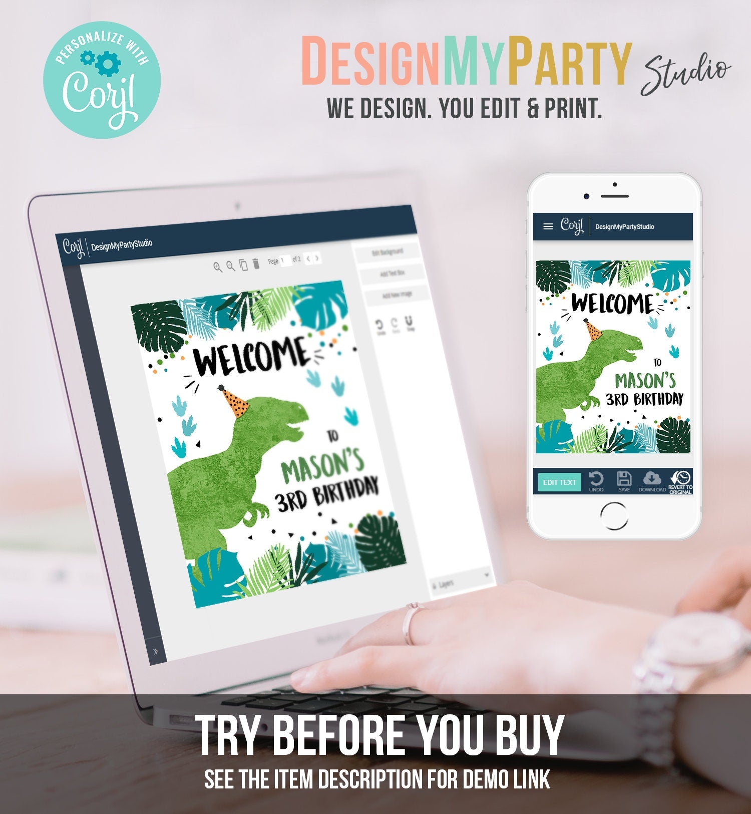 Editable Dinosaur Welcome Sign Boy Green Blue Dino Dig Party TRex Dinosaur Birthday Sign Table Sign Digital Download Template PRINTABLE 0389