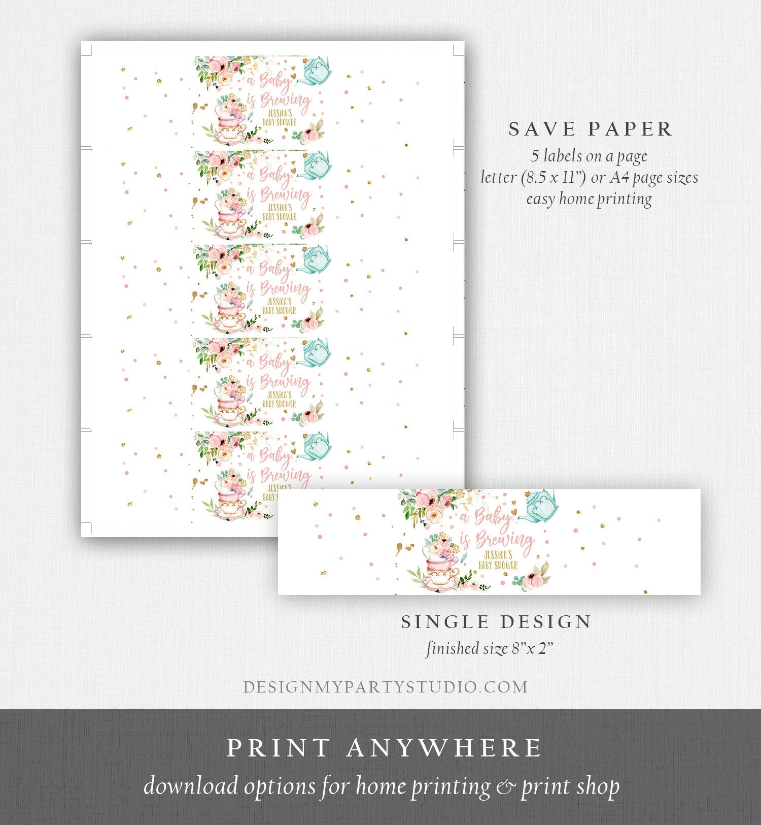 Editable Water Bottle Labels Tea Baby Shower Girl A Baby is Brewing Flowers Pink Gold Tea Shower Digital Download Template Printable 0349
