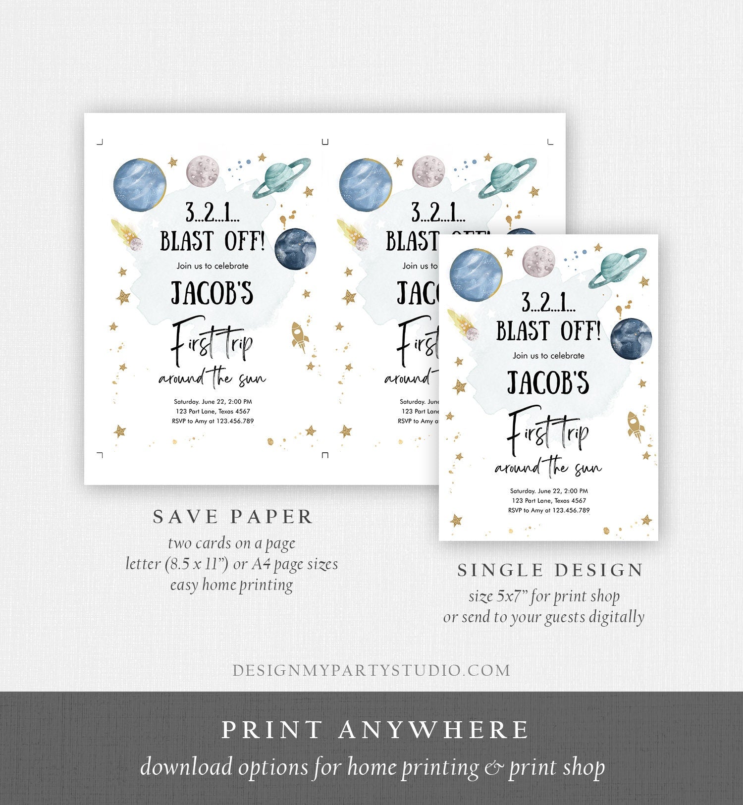 Editable Outer Space First Birthday Invitation Galaxy Blast Off First Trip Around the Sun Digital Download Evite Template Printable 0357