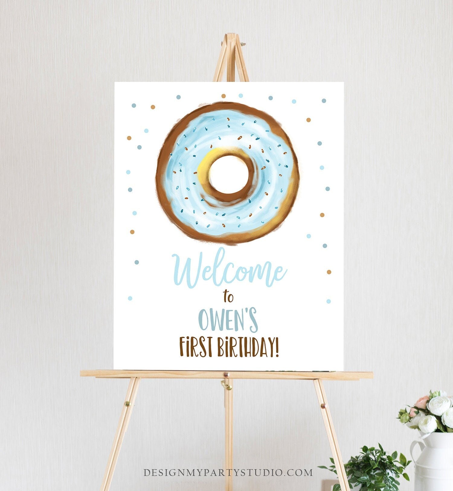Editable Donut Welcome Sign Donut Birthday Party Boy Blue Doughnut Baby Shower Two Sweet Sprinkle Watercolor Pastel Corjl Template 0368