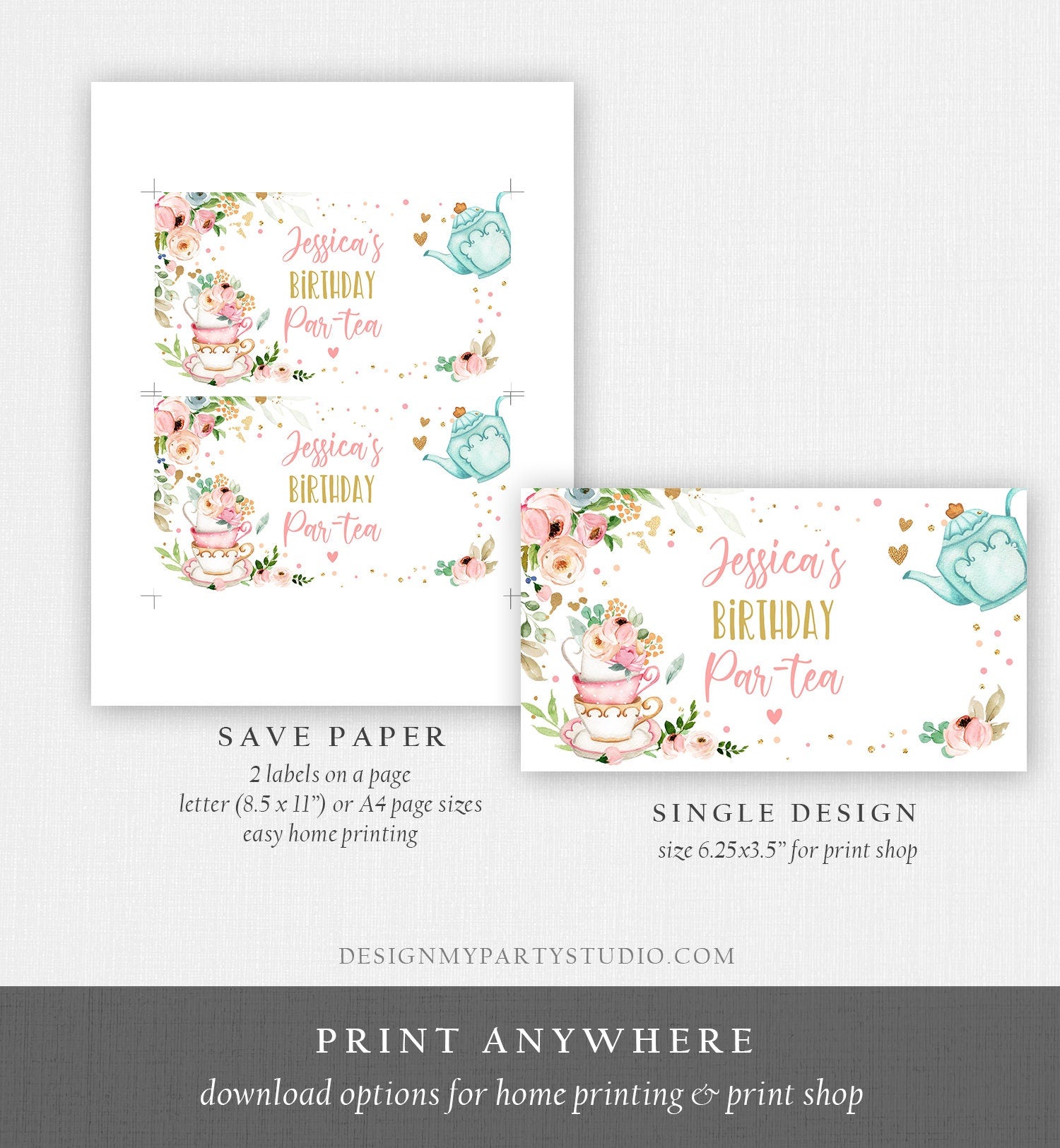Editable Tea Party Gable Gift Box Label Tea Birthday Par-tea Girl Treat Box Label Floral Pink Favor Digital Download Template Printable 0349