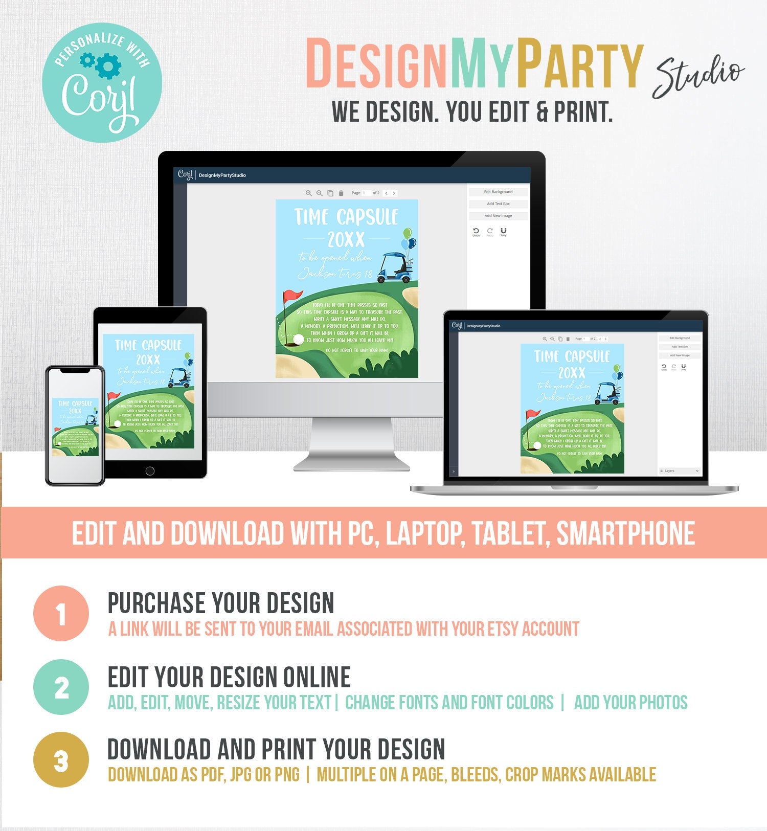 Editable Golf Time Capsule First Birthday Party Hole in One Birthday First Par-tee Guestbook Boy Golfing Digital Template Printable 0405