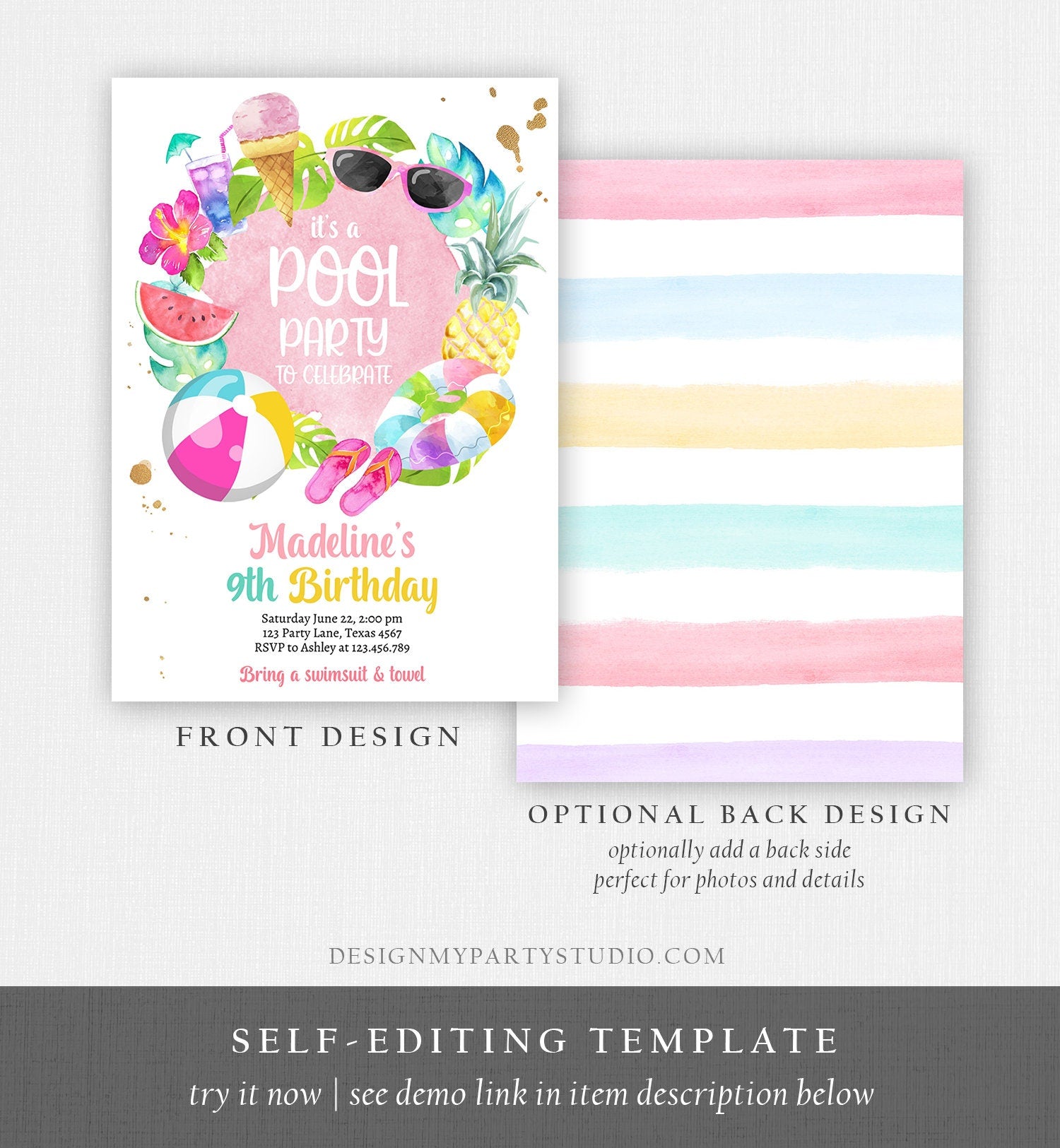 Editable Tropical Pool Party Birthday Invitation Splish Splash Birthday Bash Girl Pineapple Digital Download Template Printable 0414