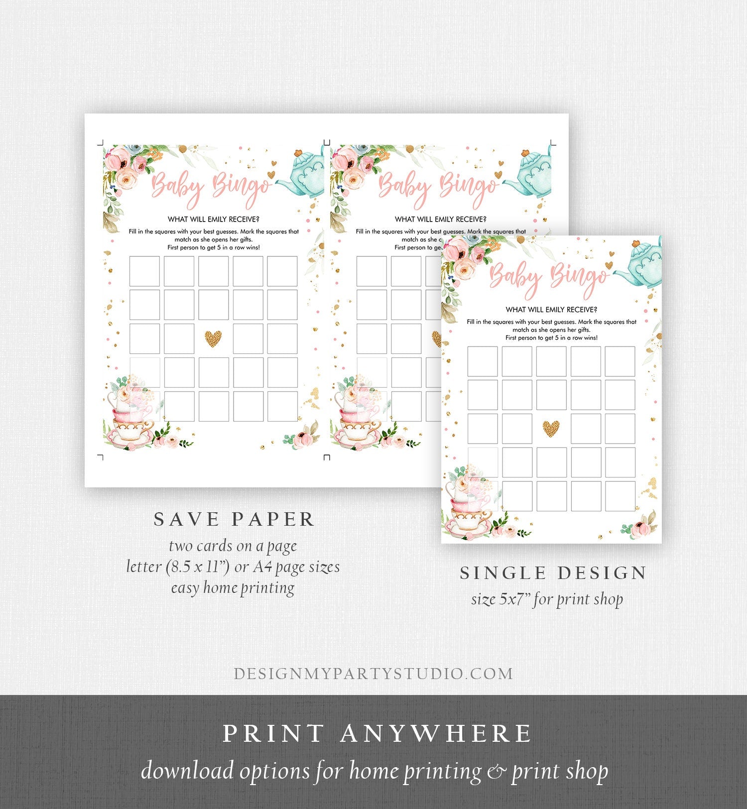 Editable Baby Bingo Game Tea Party Baby is Brewing Girl Blush Pink Gold Couples Sprinkle Brunch Bubbly Digital Template Printable 0349