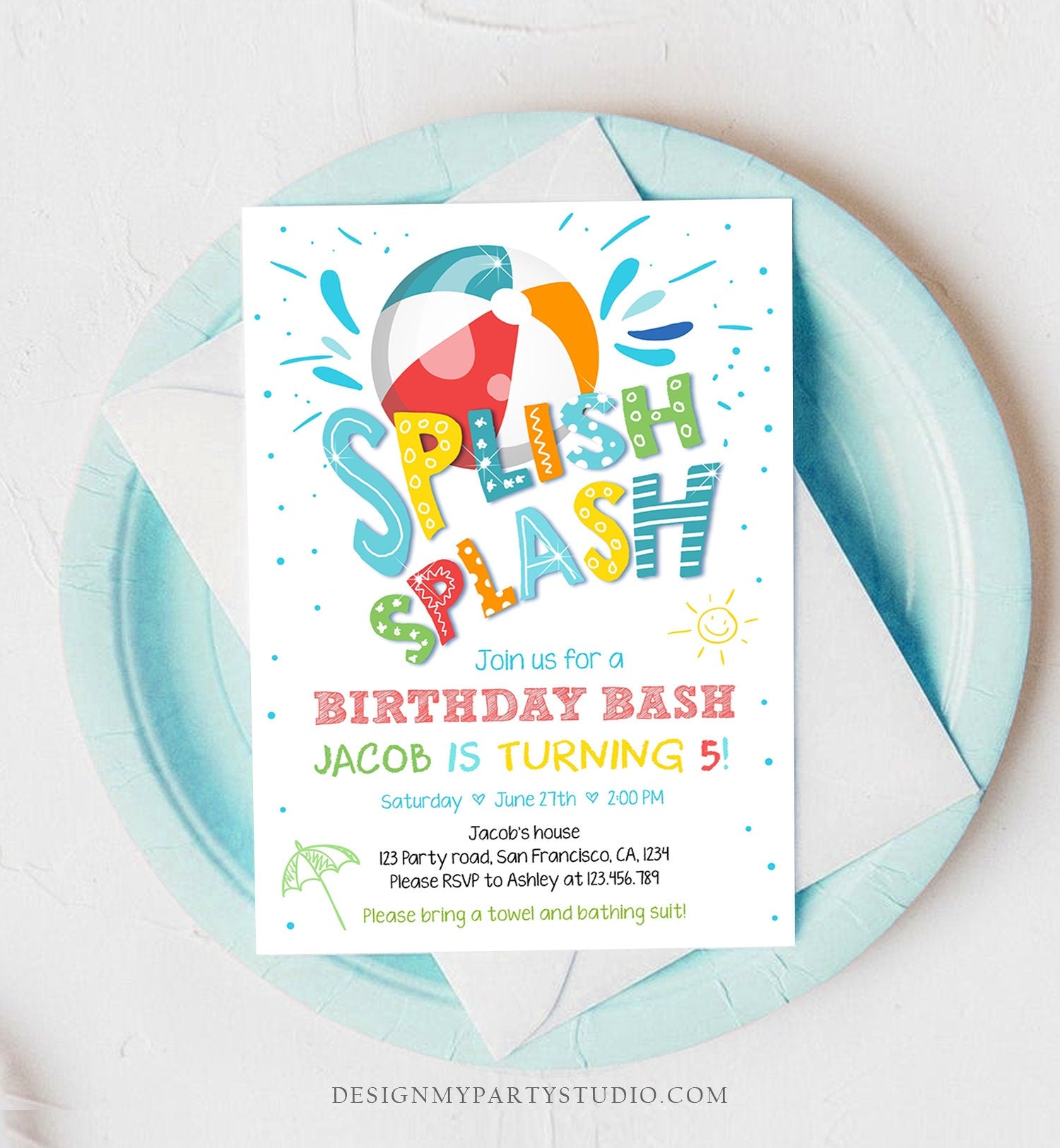 Editable Splish Splash Birthday Invitation Pool Party Boy Beach Ball Blue Green Birthday Bash Download Printable Invite Template Corjl 0169