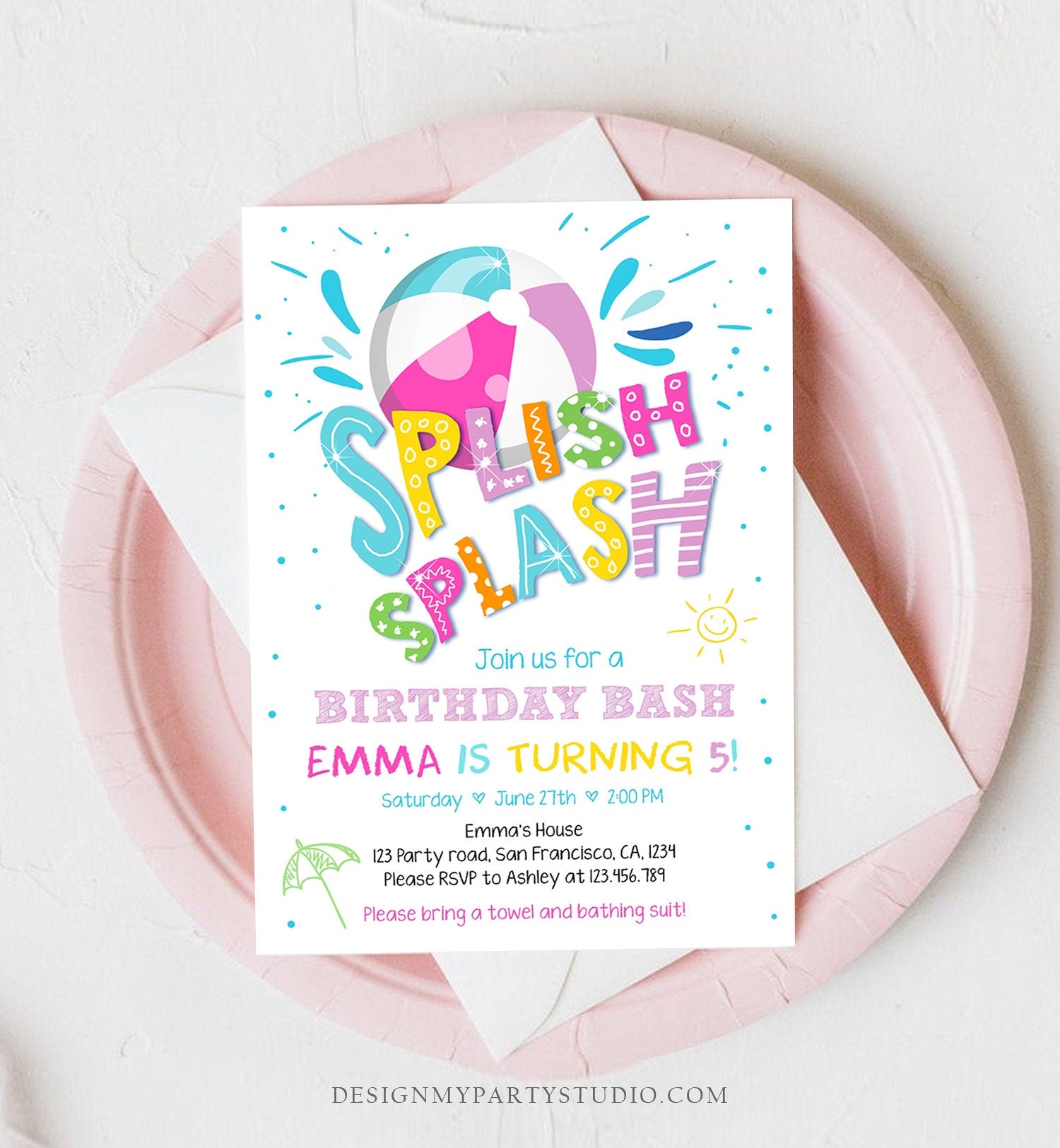 Editable Splish Splash Birthday Invitation Pool Party Boy Beach Ball Blue Green Birthday Bash Download Printable Invite Template Corjl 0169