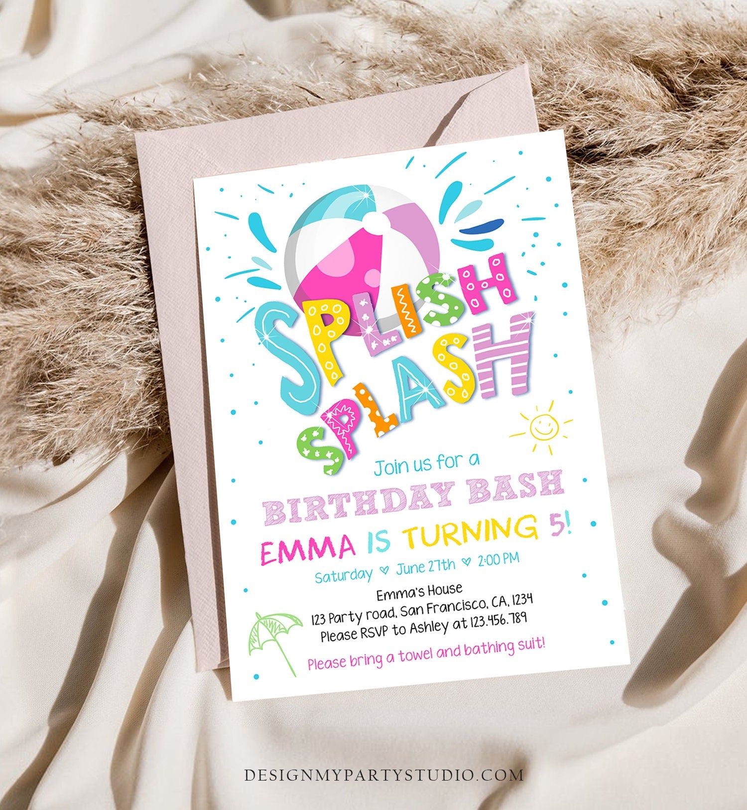 Editable Splish Splash Birthday Invitation Pool Party Boy Beach Ball Blue Green Birthday Bash Download Printable Invite Template Corjl 0169