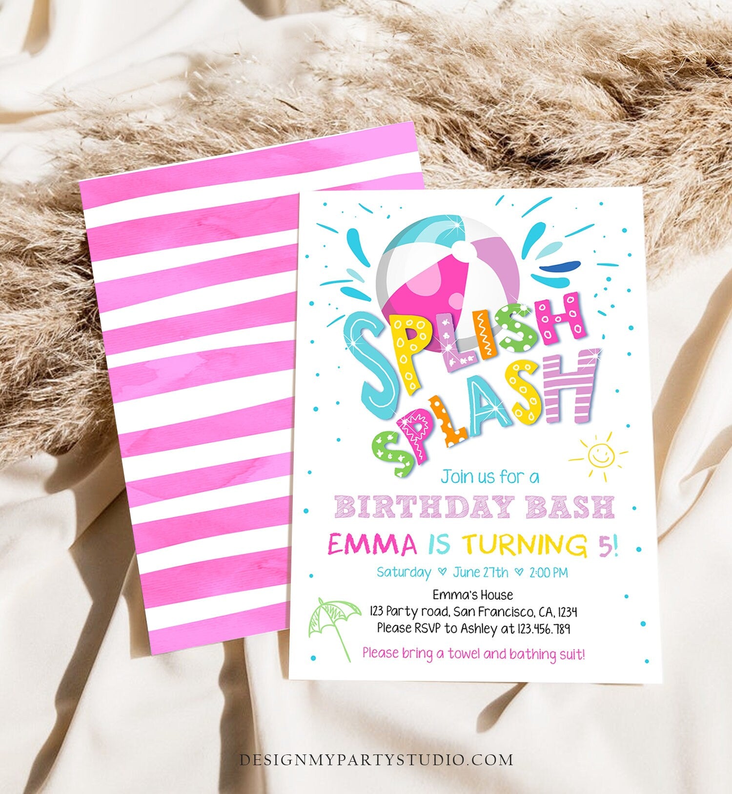 Editable Splish Splash Birthday Invitation Pool Party Boy Beach Ball Blue Green Birthday Bash Download Printable Invite Template Corjl 0169