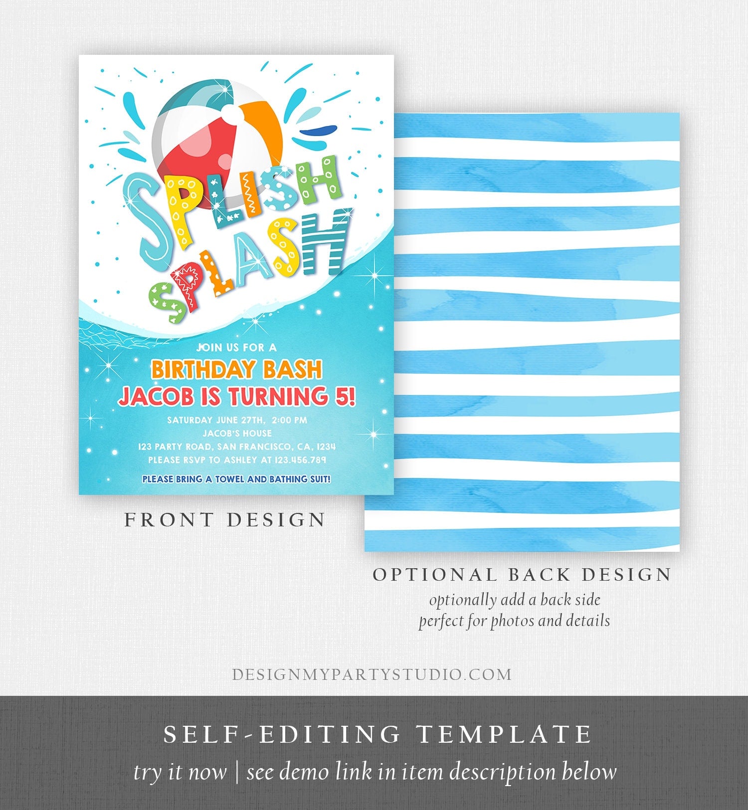 Editable Splish Splash Birthday Invitation Pool Party Boy Beach Ball Blue Green Birthday Bash Digital Download Template Printable 0169
