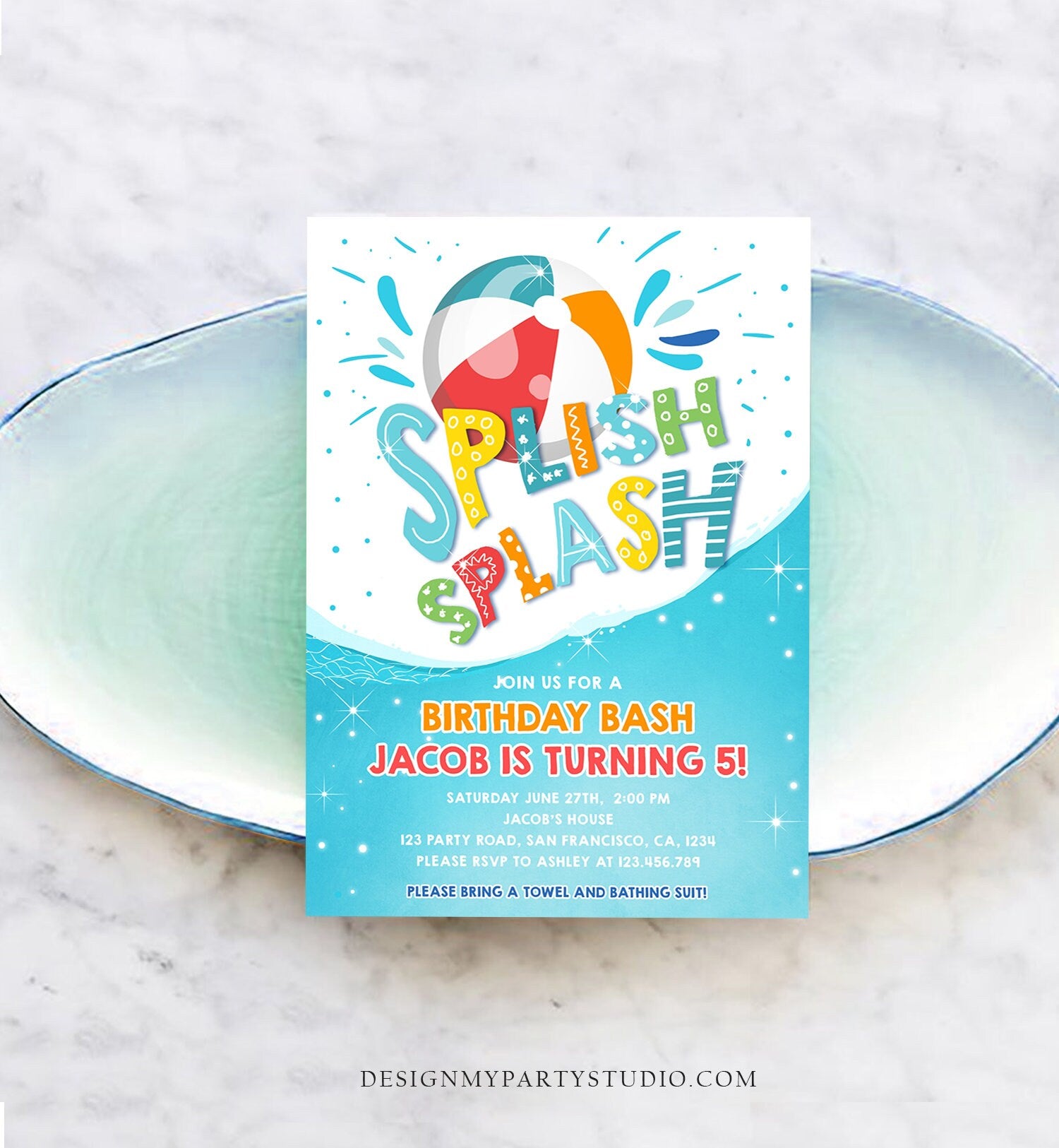 Editable Splish Splash Birthday Invitation Pool Party Boy Beach Ball Blue Green Birthday Bash Digital Download Template Printable 0169