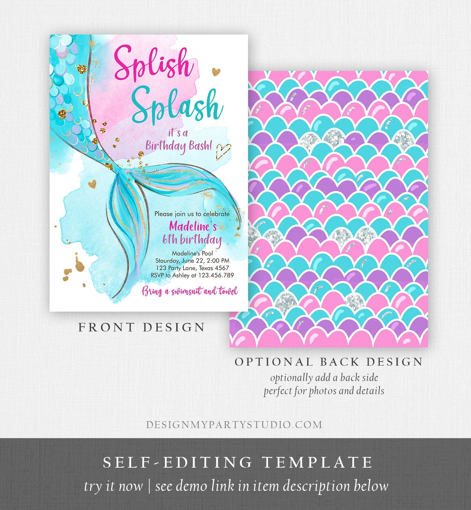 Editable Mermaid Birthday Party Invitation Girl Pool Party Pink Mermaid Birthday Under The Sea Digital Download Template Printable 0403