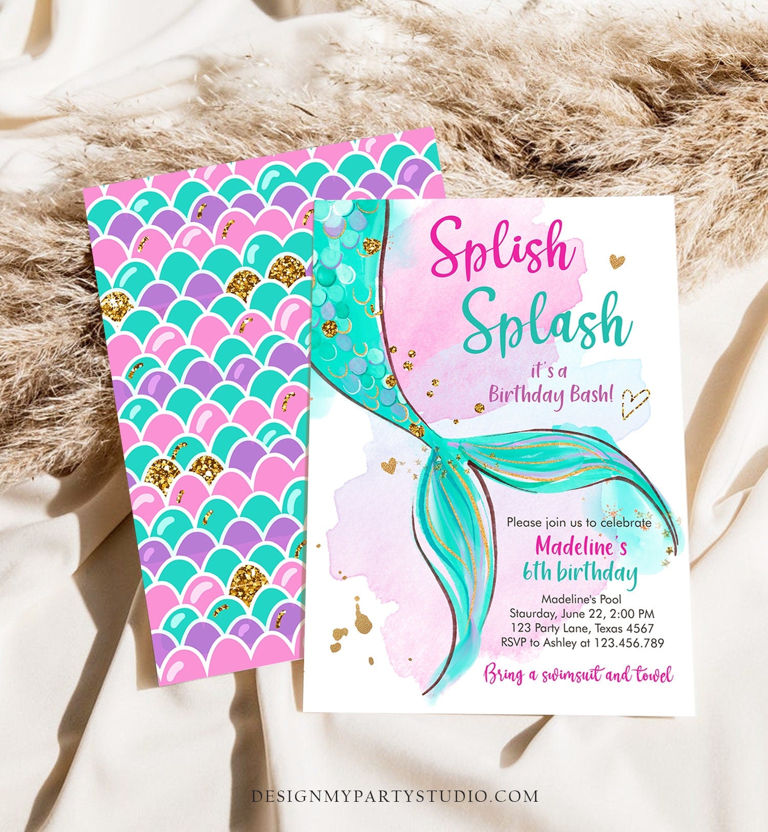 Editable Mermaid Birthday Party Invitation Girl Pool Party Pink Gold Mermaid Birthday Under The Sea Digital Download Template Printable 0403