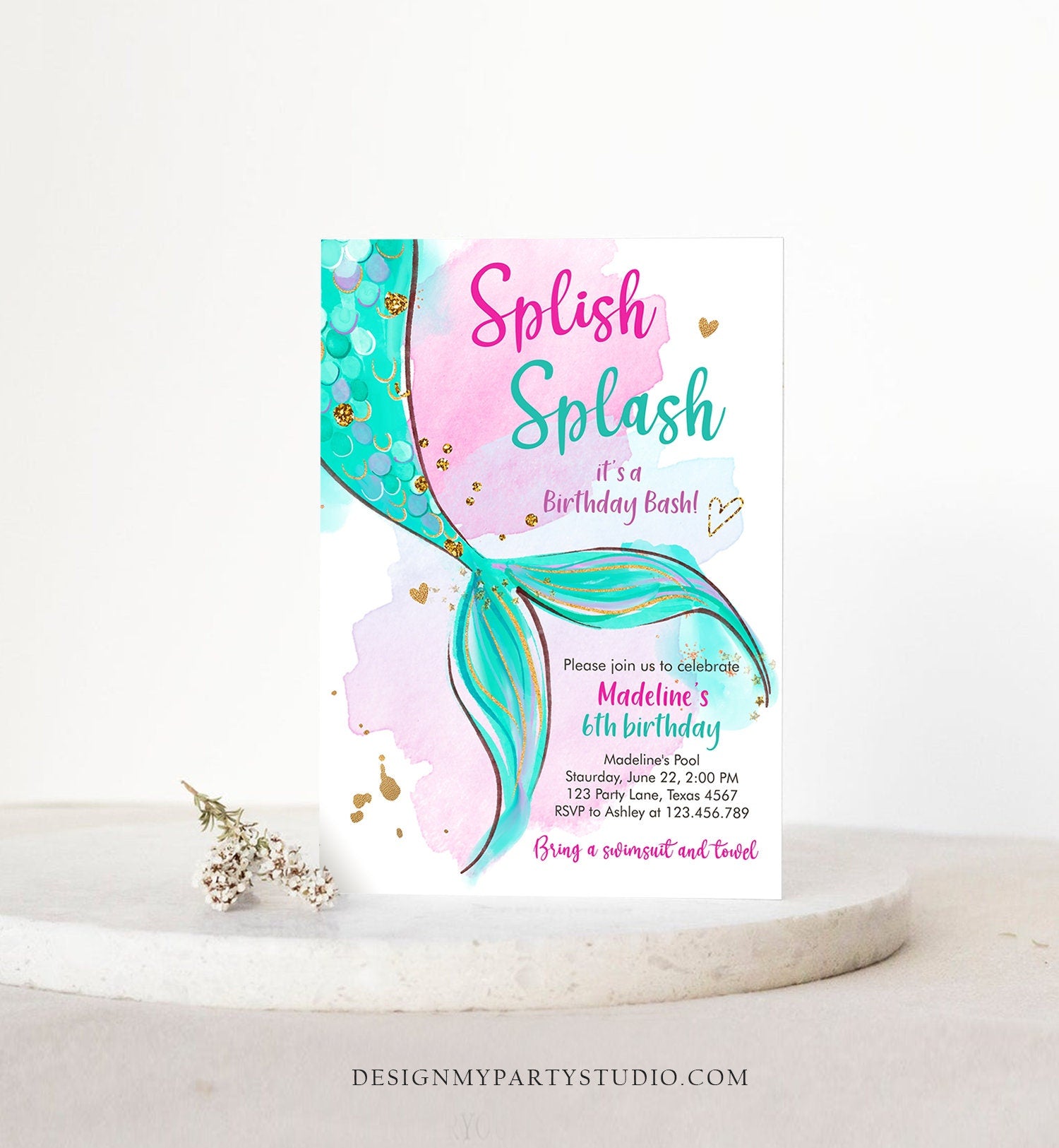 Editable Mermaid Birthday Party Invitation Girl Pool Party Pink Gold Mermaid Birthday Under The Sea Digital Download Template Printable 0403