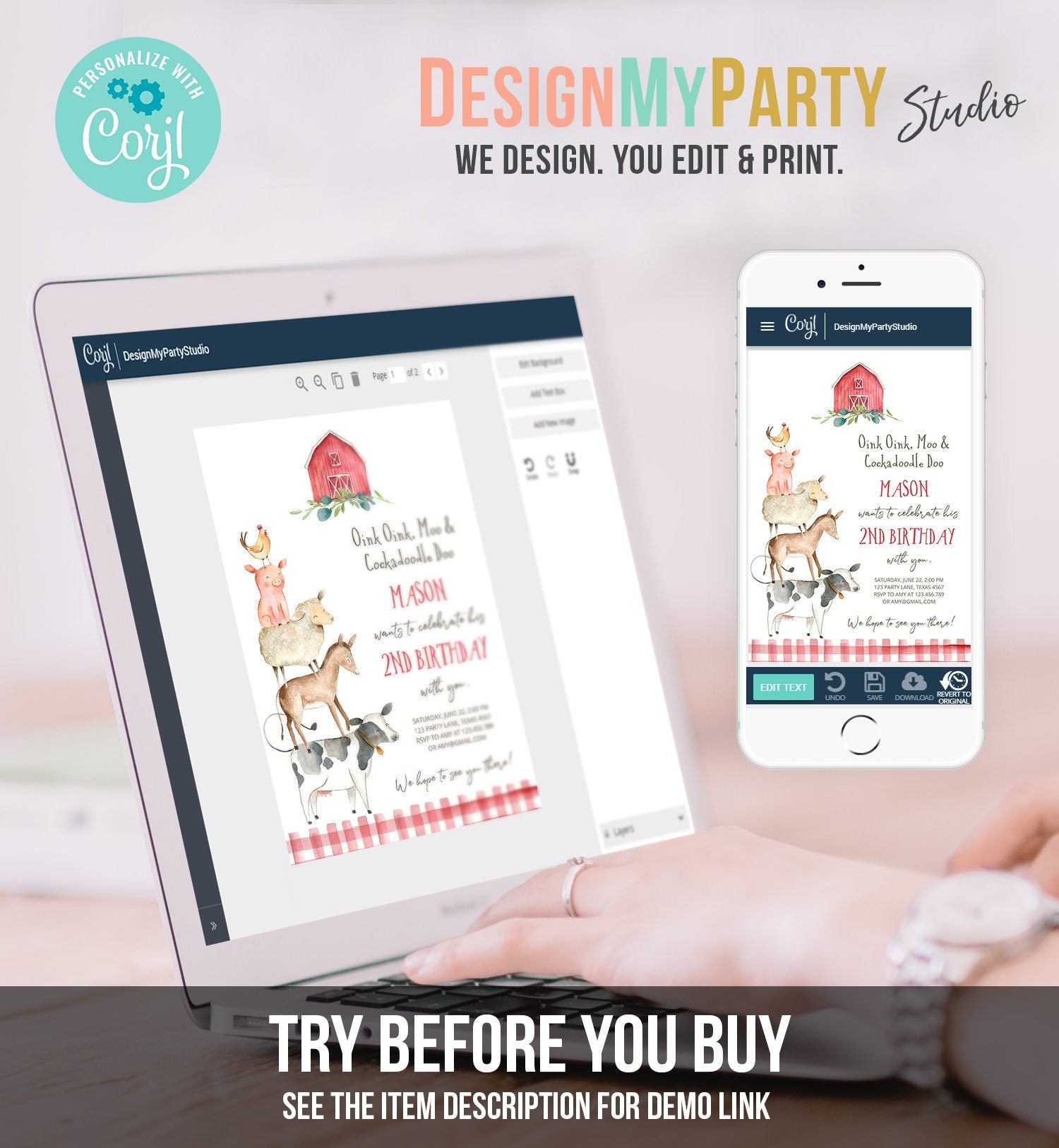Editable Farm Animals Birthday Invitation Boy Party Animals Boy Barnyard Birthday Party Digital Download Evite Template Printable 0155