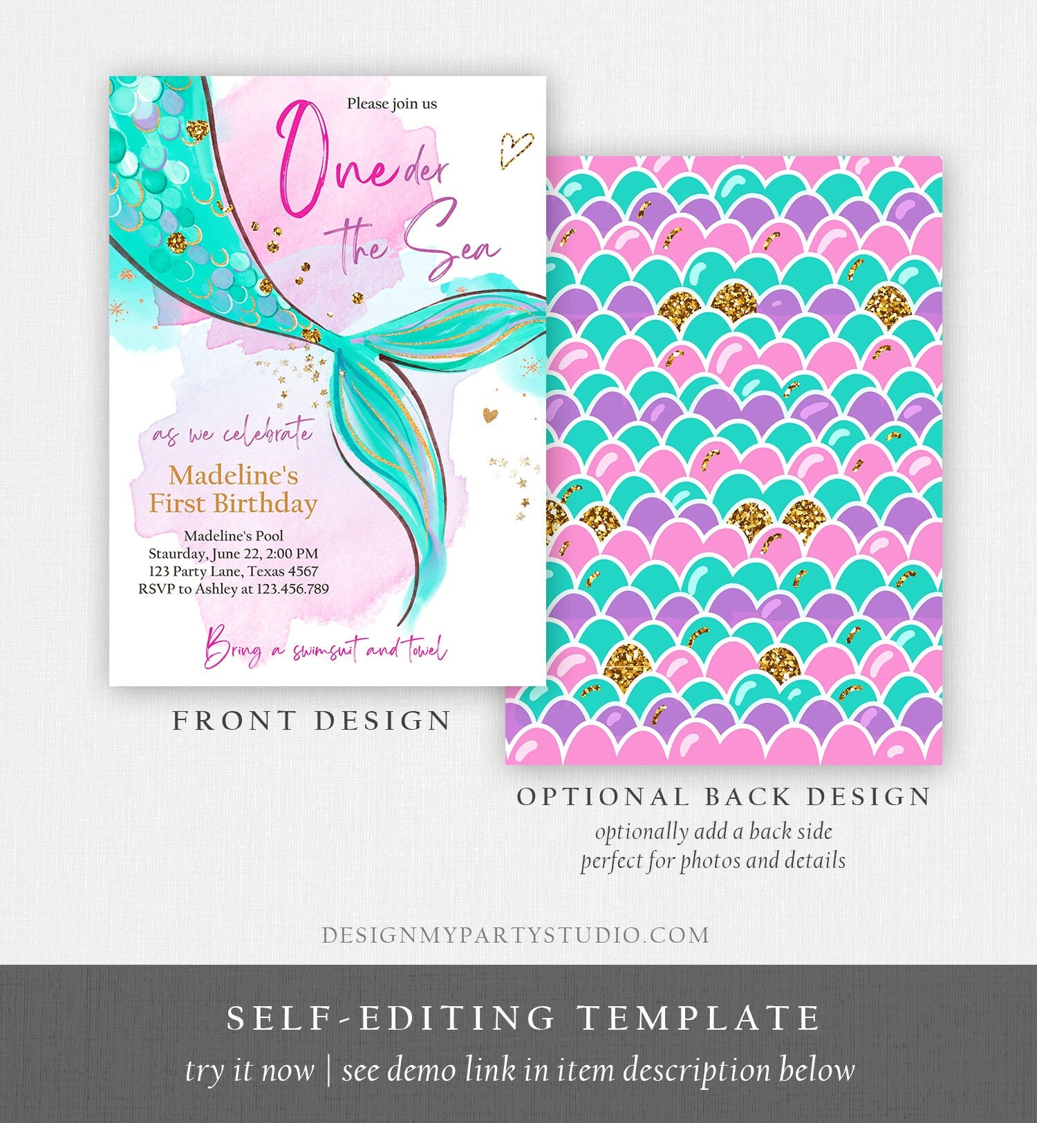 Editable ONEder the Sea Birthday Party Invitation Mermaid First Birthday Girl 1st Birthday Pink Gold Download Printable Template Corjl 0403