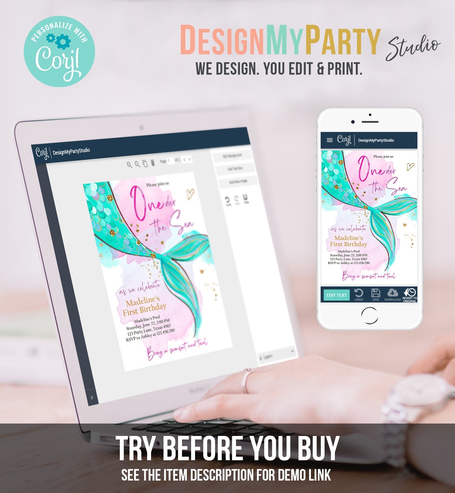 Editable ONEder the Sea Birthday Party Invitation Mermaid First Birthday Girl 1st Birthday Pink Gold Download Printable Template Corjl 0403