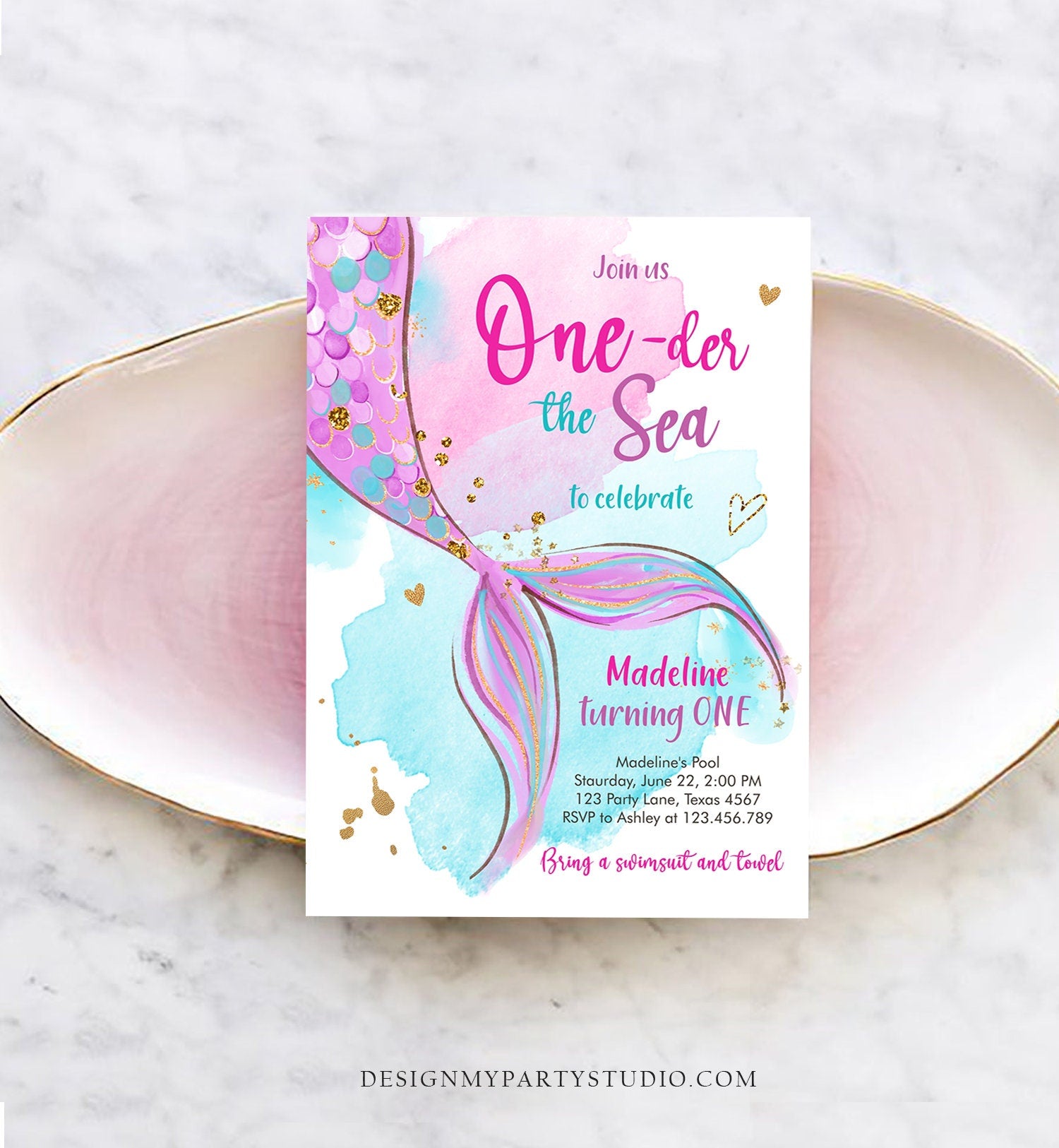 Editable ONEder the Sea Birthday Party Invitation Mermaid First Birthday Girl 1st Birthday Pink Gold Download Printable Template Corjl 0403