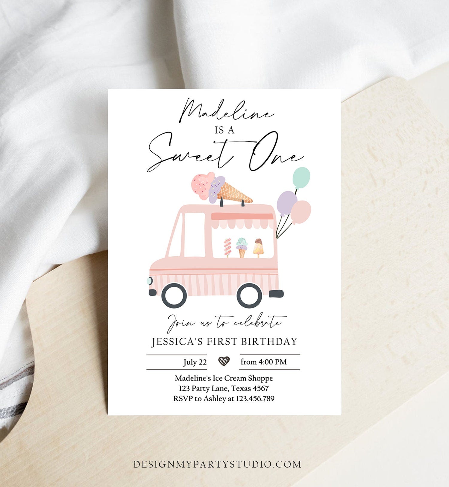 Editable Ice Cream Truck Birthday Invitation Ice Cream Sweet One Modern 1st Birthday Party First Download Printable Template Corjl 0415