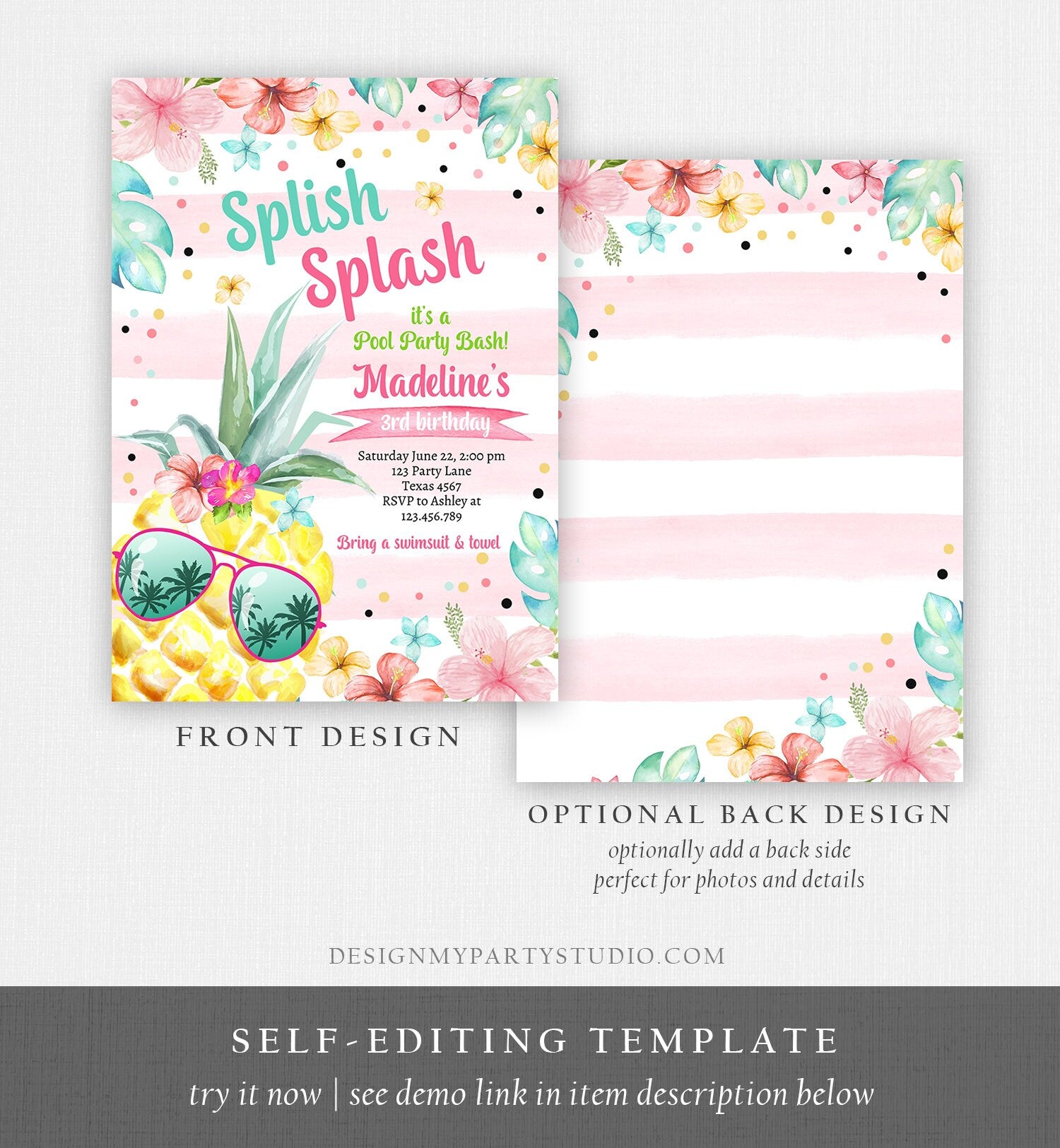 Editable Splish Splash Birthday Party Invitation Pineapple Birthday Pool Party Pineapple Pink Girl Digital Download Template Printable 0391