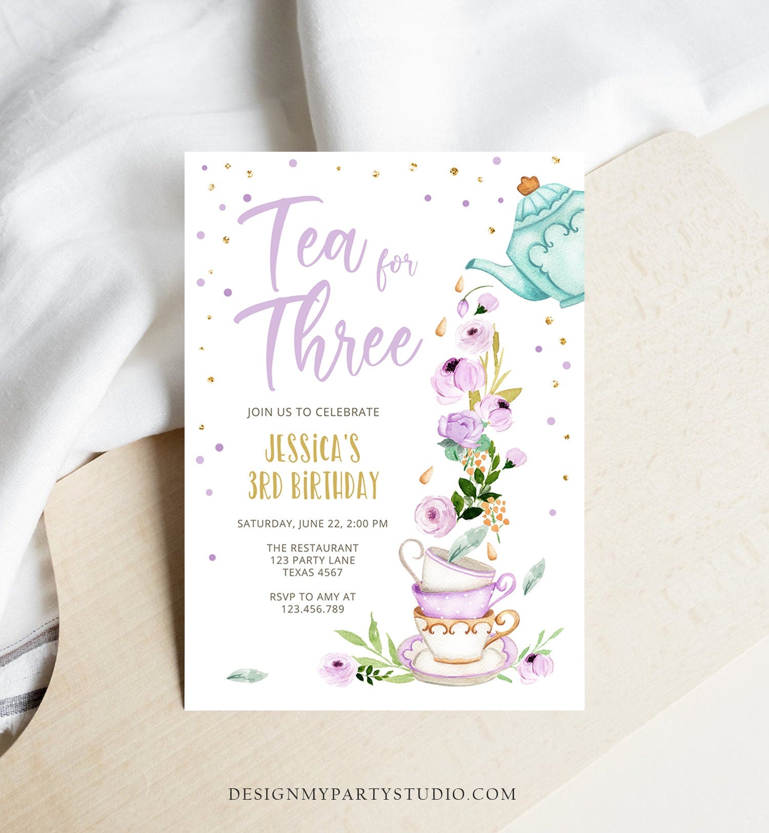 Editable Tea for Three Birthday Invitation Girl Tea Party Invite Pink Purple Floral Whimsical Digital Download Evite Template Printable 0349