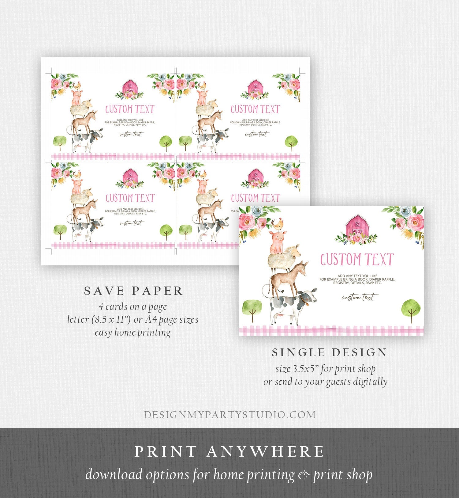 Editable Note Card Farm Birthday Girl Farm Animals Insert Card Barnyard Baby Shower Enclosure Card Digital Download Template Printable 0155