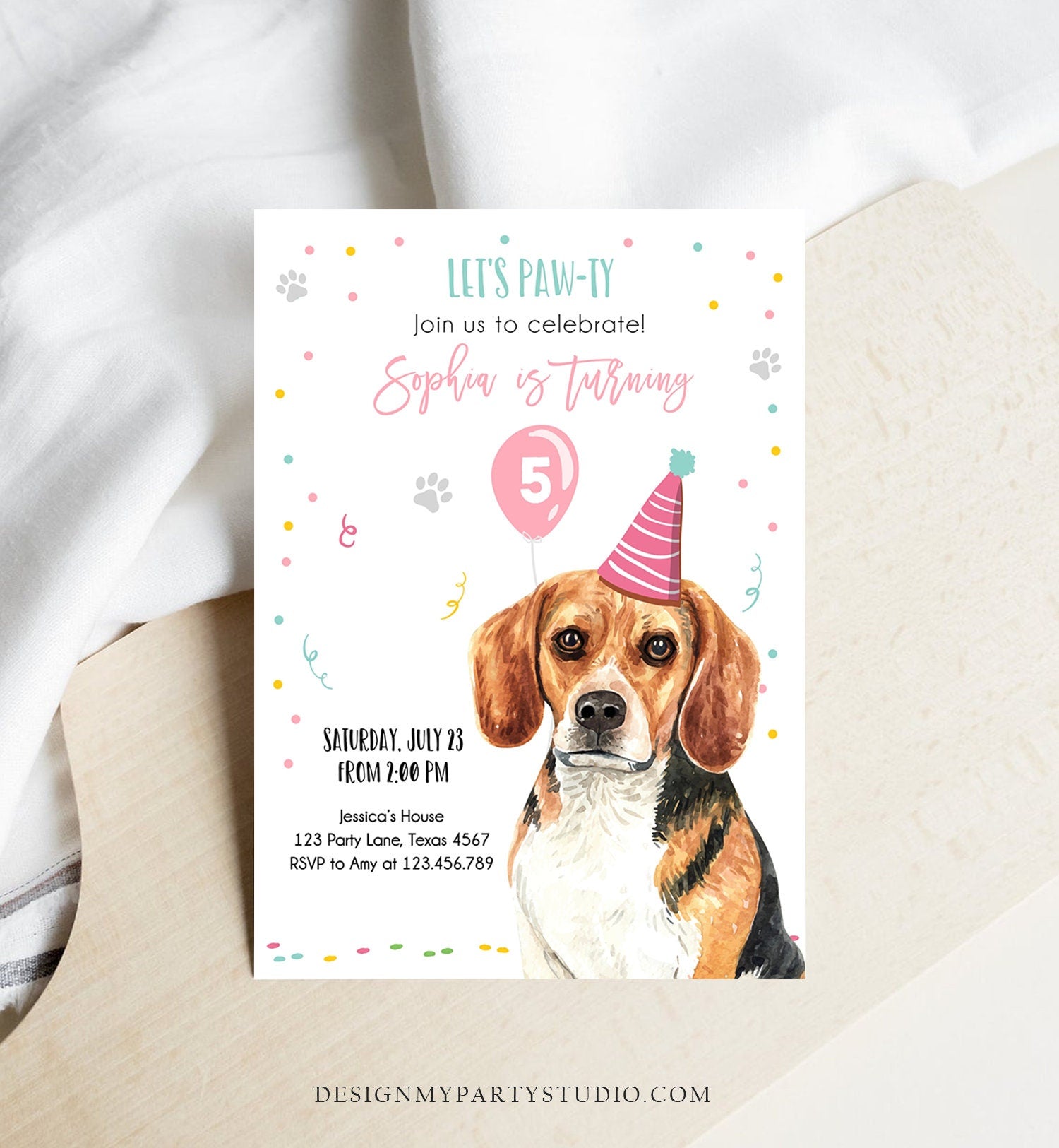 Editable Dog Birthday Party Invitation Beagle Birthday Invite Pink Girl Come Sit Stay Party Animal Digital Download Template Printable 0384