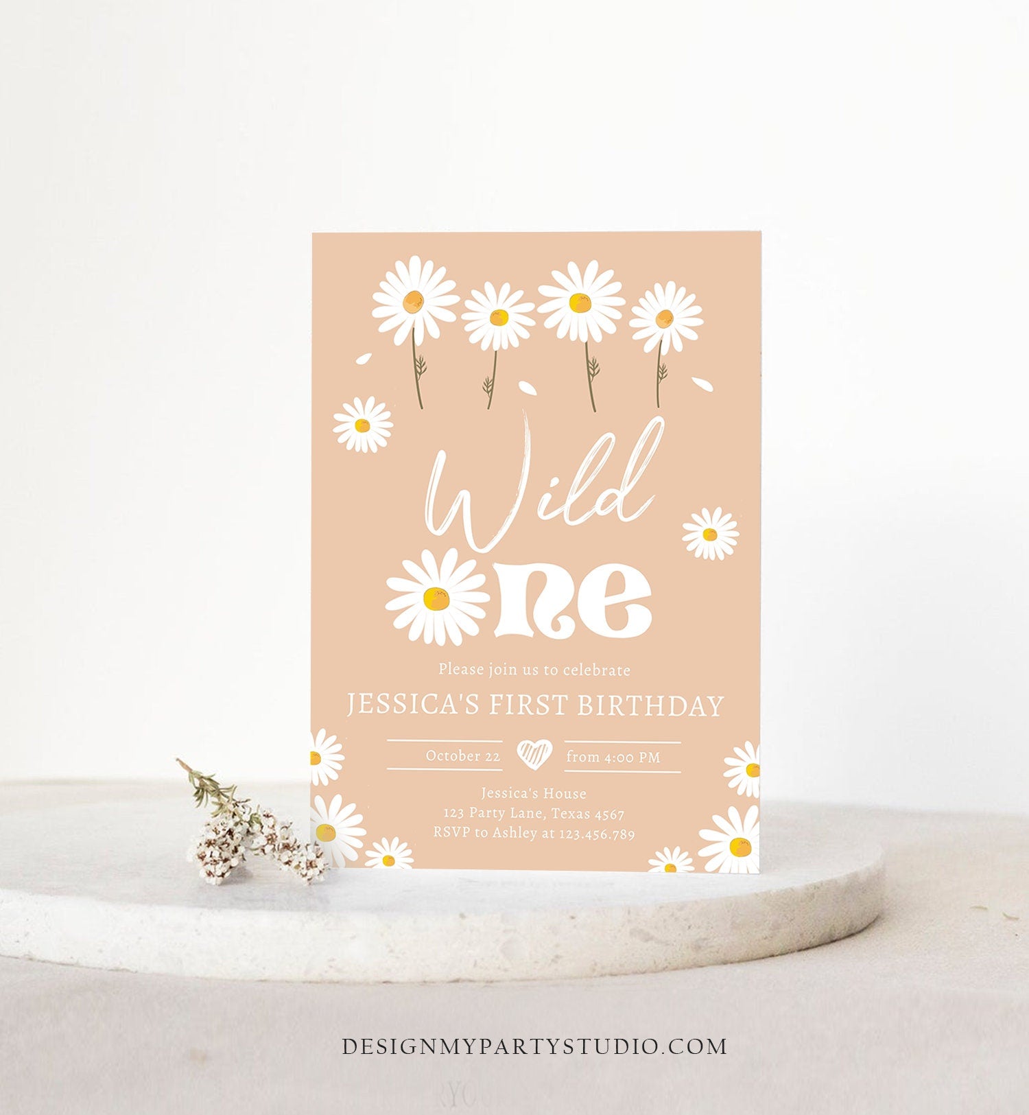 Editable Daisy Birthday Party Invitation Wild One Floral Girl Boho Sand First Birthday 1st Digital Download Evite Template Printable 0410