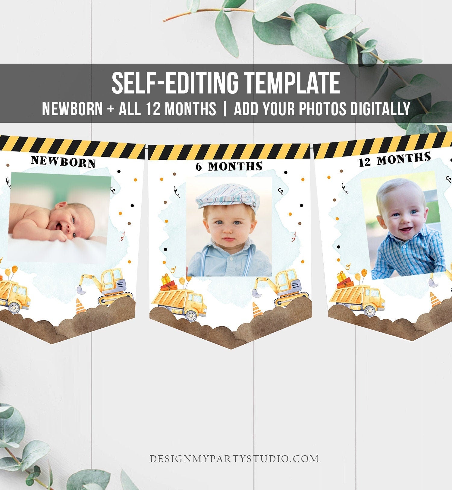 Editable Construction Birthday Banner Monthly Photo Banner Boy Yellow Dump Truck Caution Decor Digital Download Template Printable 0374