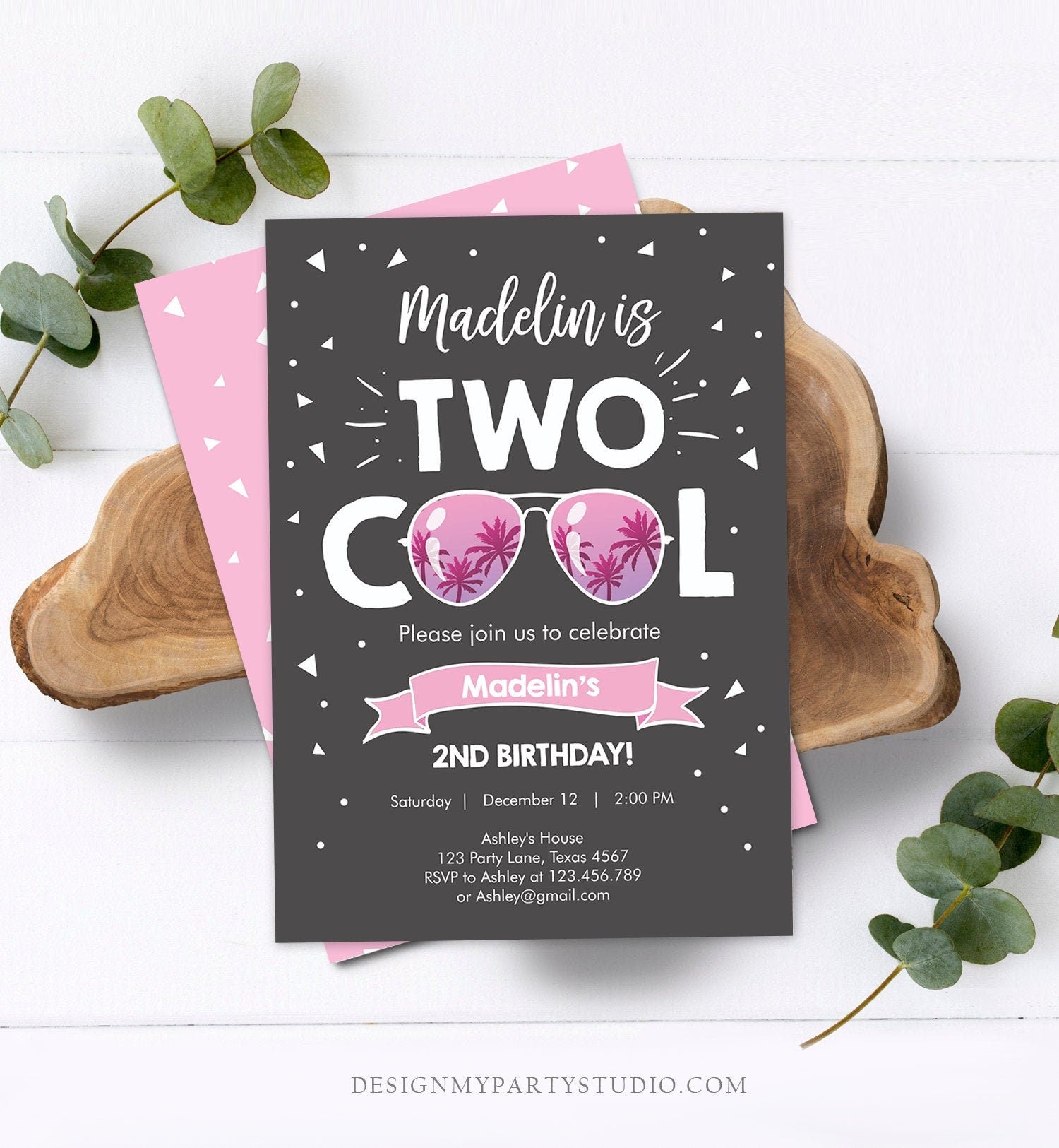 Editable Two Cool Birthday Invitation Girl Second Birthday Party 2nd I'm this Many Two Cool Pink Sunglasses Printable Corjl Template 0136
