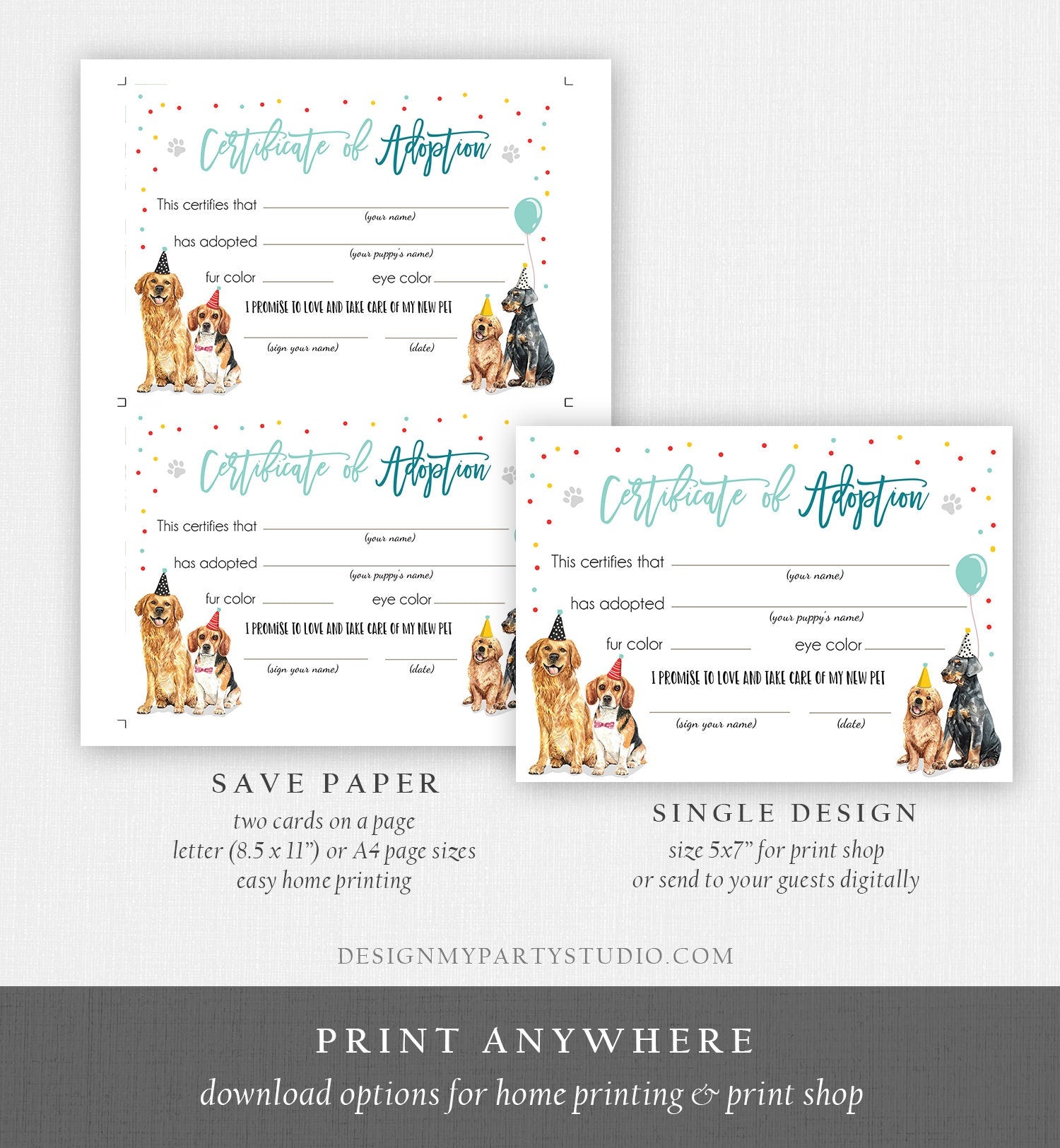 Pet Adoption Certificate Puppy Adoption Dog Birthday Party Adopt A Pet Boy Vet Puppy Adoption Blue Digital Download Digital Printable 0384