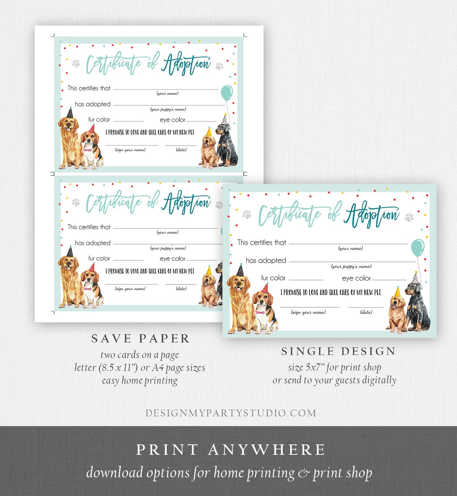 Puppy Dog Adoption Certificate Pet Adoption Dog Boy Birthday Party Adopt A Pet Vet Puppy Adoption Blue Digital Download Printable 0384