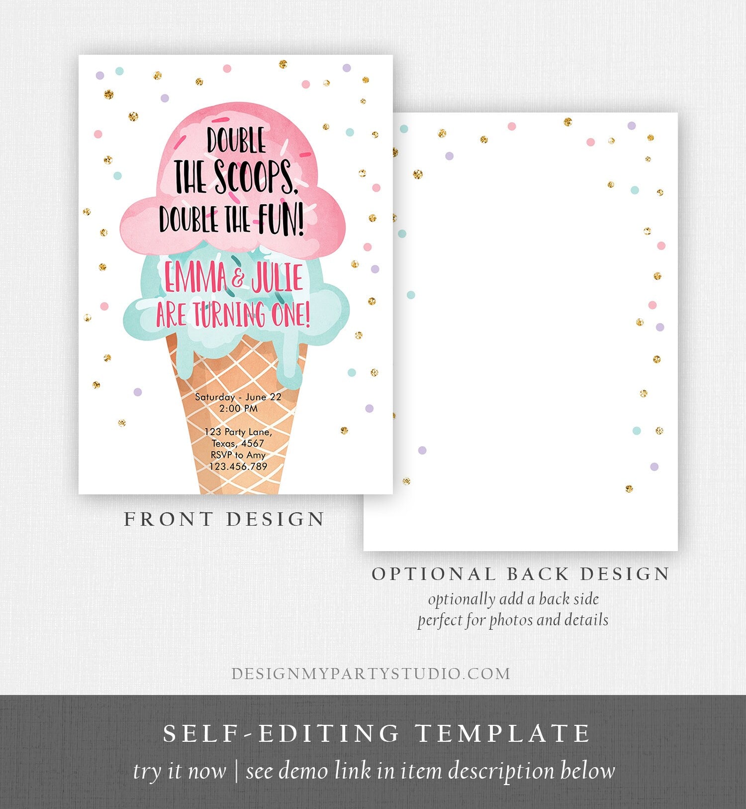 Editable Twin Ice Cream Birthday Invitation First Birthday Double the Scoops Double Fun Twins Pink Mint Gold Printable Template Corjl 0243