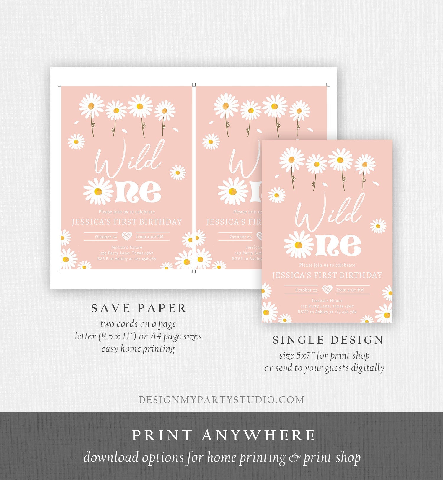 Editable Daisy Birthday Party Invitation Wild One Floral Girl Boho Pink First Birthday 1st Digital Download Evite Template Printable 0410