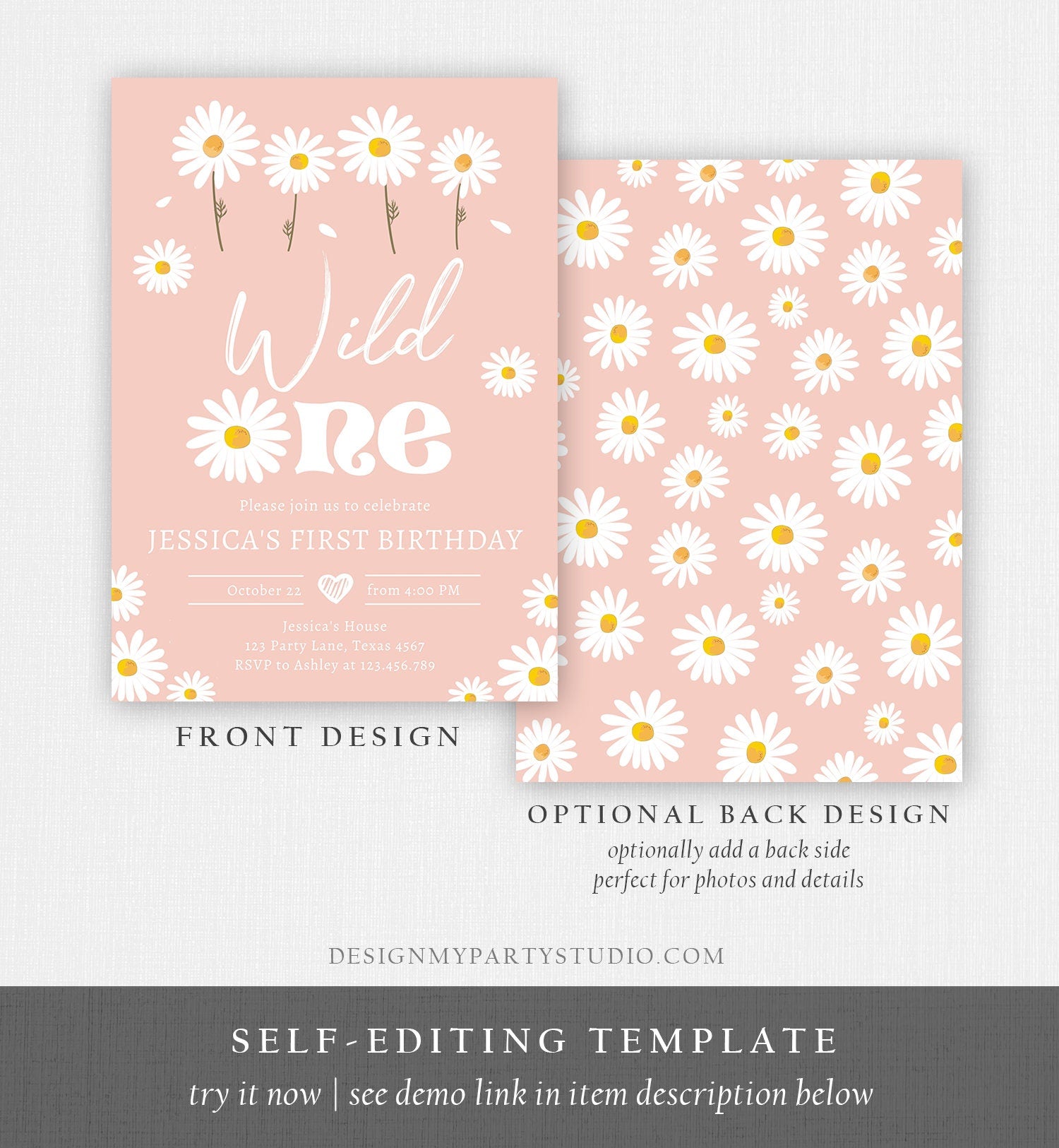 Editable Daisy Birthday Party Invitation Wild One Floral Girl Boho Pink First Birthday 1st Digital Download Evite Template Printable 0410