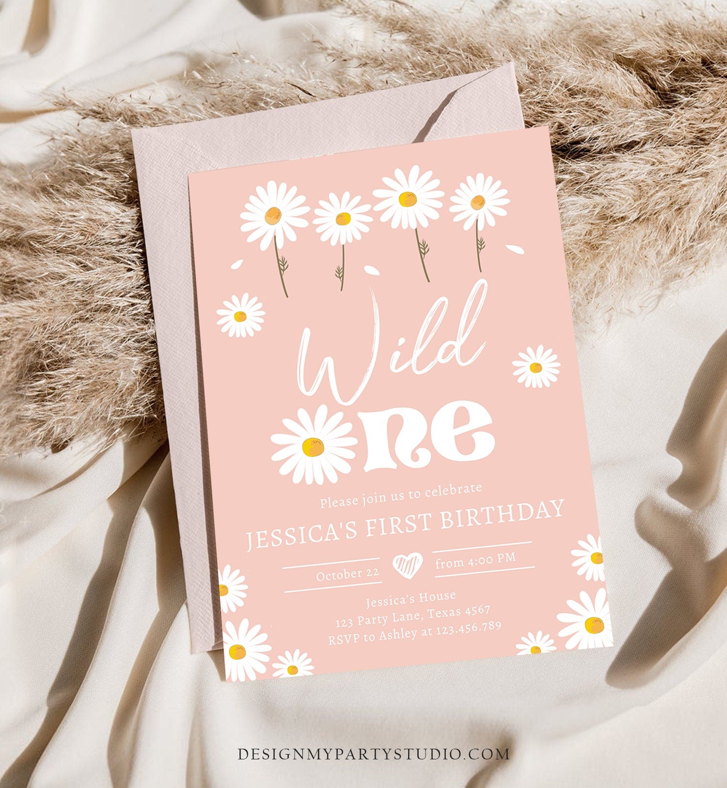 Editable Daisy Birthday Party Invitation Wild One Floral Girl Boho Pink First Birthday 1st Digital Download Evite Template Printable 0410