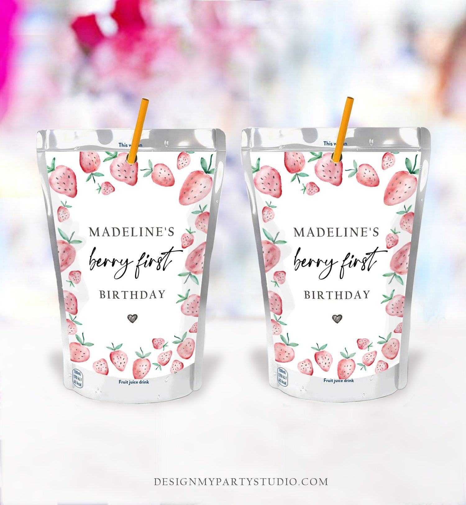 Editable Strawberry Juice Pouch Label Juice Favors Strawberry Birthday Party Girl Berry Sweet Digital Download Template Printable 0399