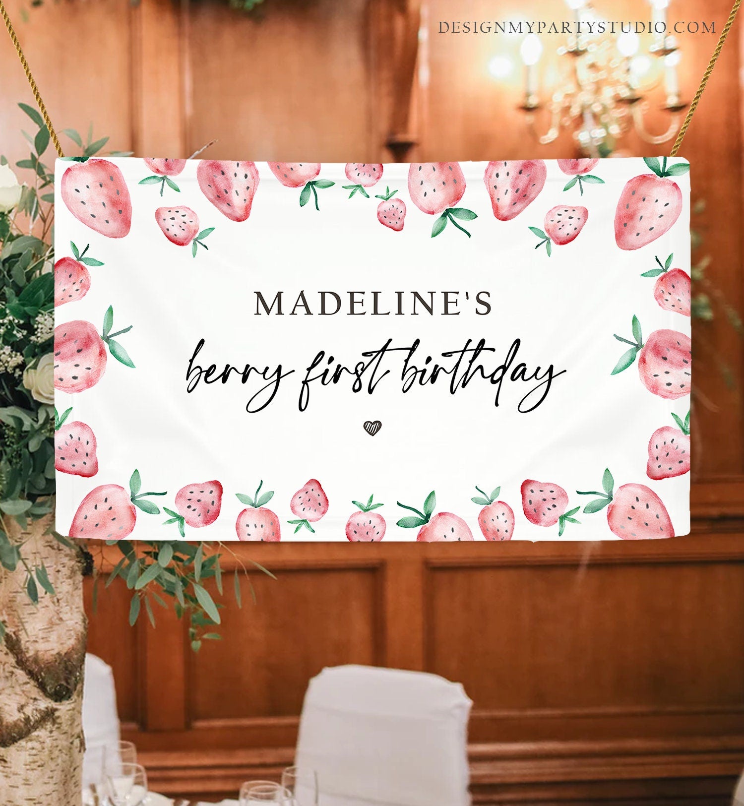Editable Strawberry Backdrop Banner Strawberry Berry First Birthday Girl Strawberries Berry Sweet Digital Download Template Printable 0399